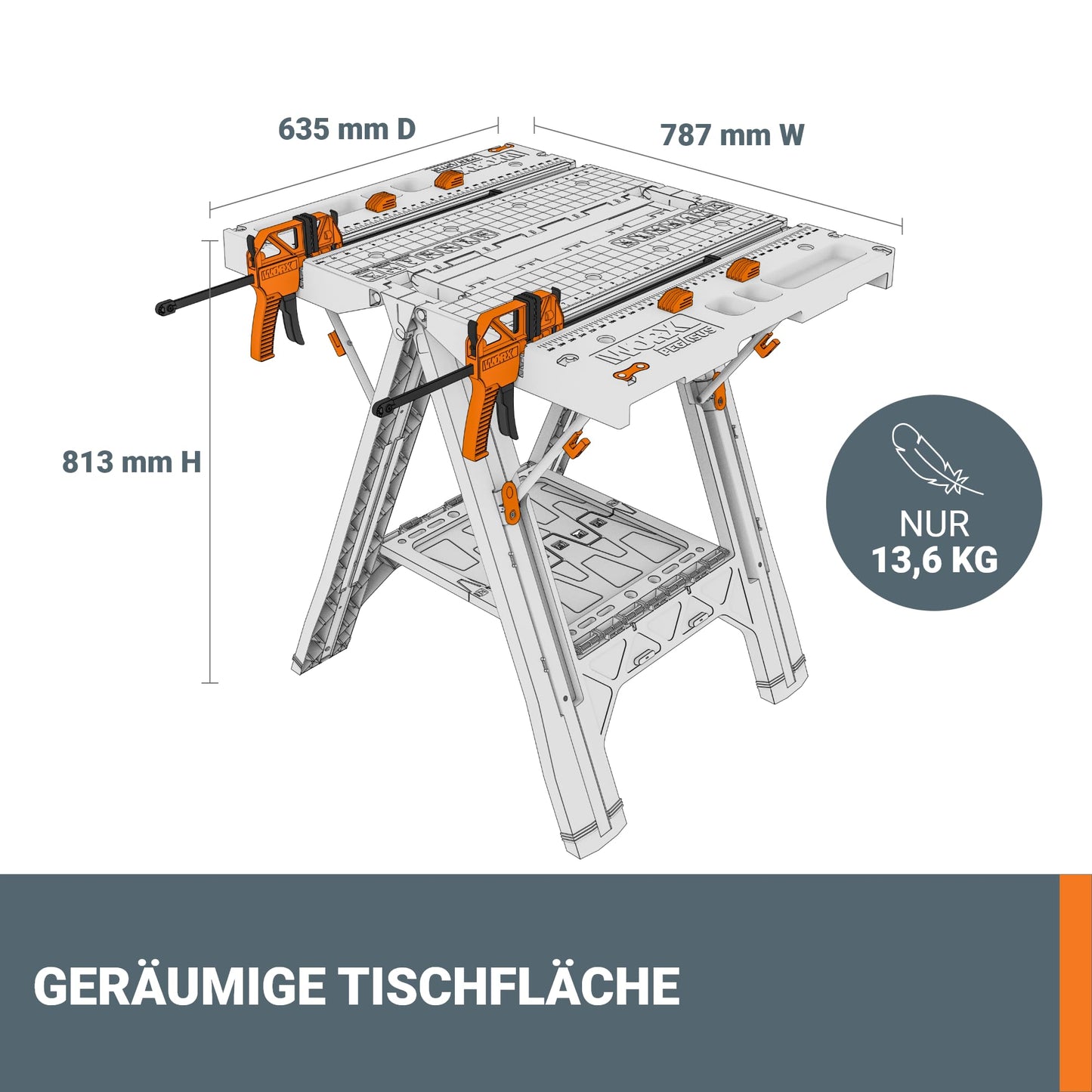 WORX PEGASUS WX051 mobile multifunctional workbench - high-quality foldable work table for the workshop, max. load 450kg - including quick clamping device - high stability & large work surface