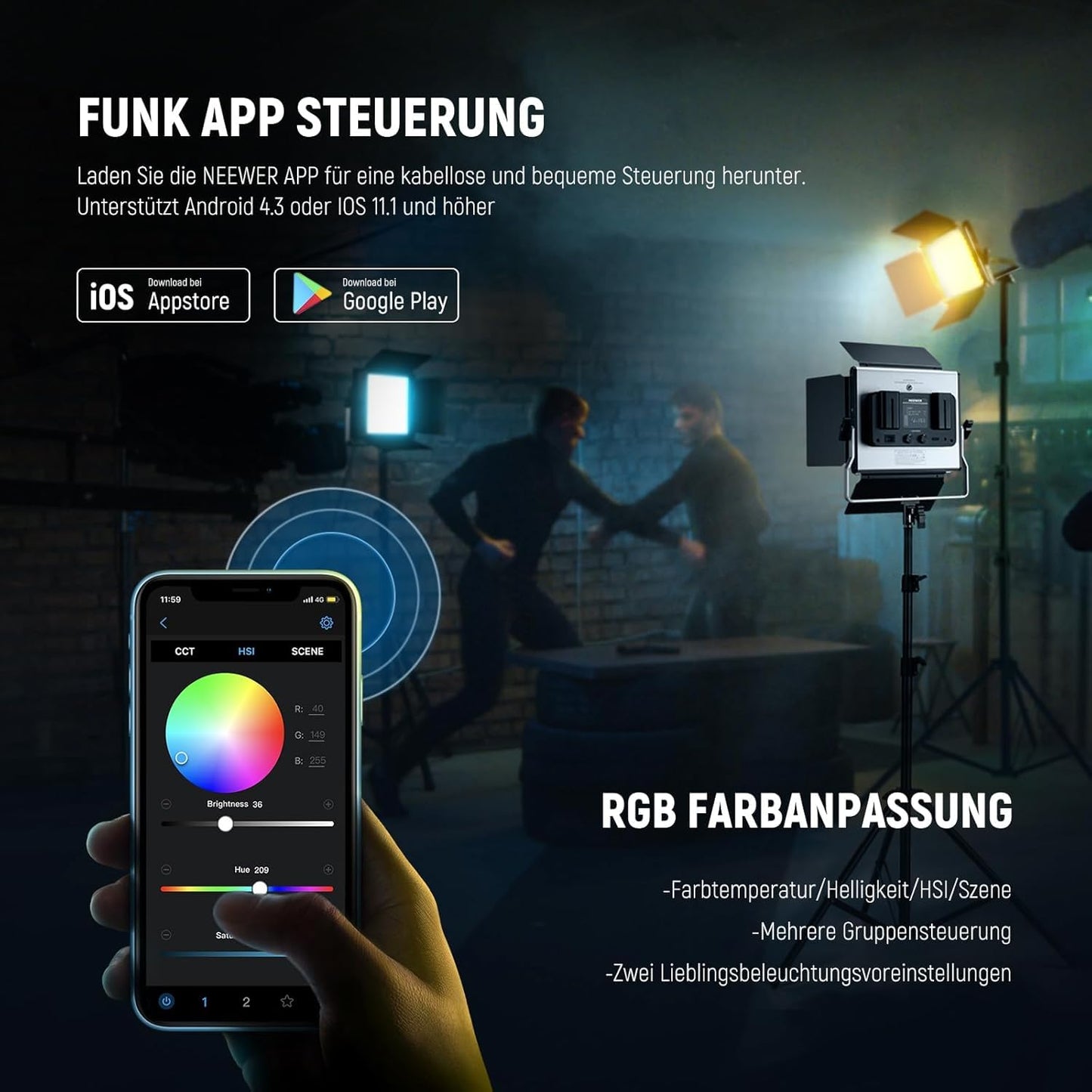 NEEWER 2 x 660 PRO RGB LED video light panel with tripod stand set app control 360° full color video light 50W dimmable 3200~5600K CRI97+ studio continuous light gaming/streaming/zoom/YTB/Webex/photography - 10098759