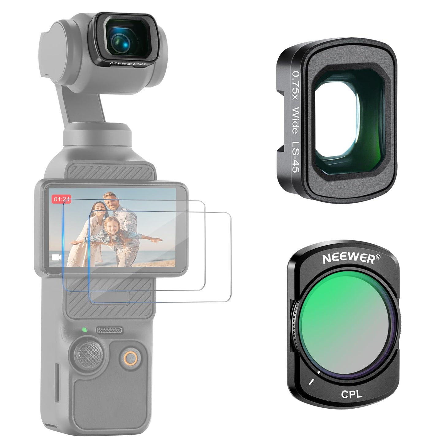 NEEWER lens filter set, compatible with DJI Osmo Pocket 3 / Pocket 4 / Xtra Muse, magnetic CPL filter, 0.75x wide-angle lens with 108° field of view, screen protector, accessories, FL-B29