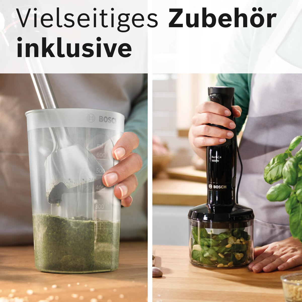 Bosch ErgoMaster Series 4 Hand Blender, with chopper, mixing/measuring cup, stainless steel blades, durable, wear-free ceramic coupling, 1000 Watts, black, MSM4B620