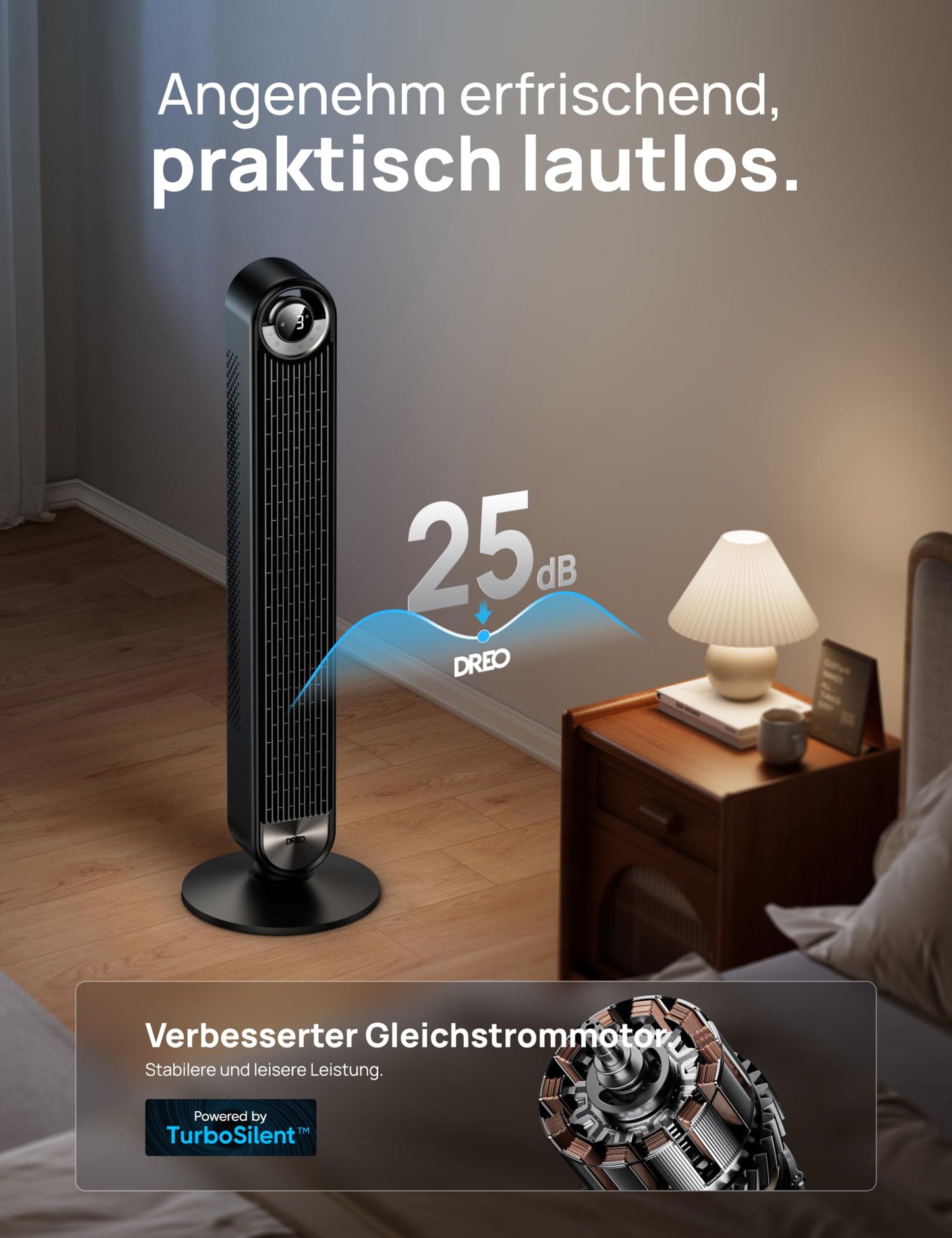 DREO Tower Fan for Bedroom, DC Stand Fan with 9 Speeds, 25 dB Ultra Quiet, 90° Oscillation, up to 8.5 m/s Airflow, 12 Hour Timer, Rotorless Fan for Home & Office - DR-HTF009