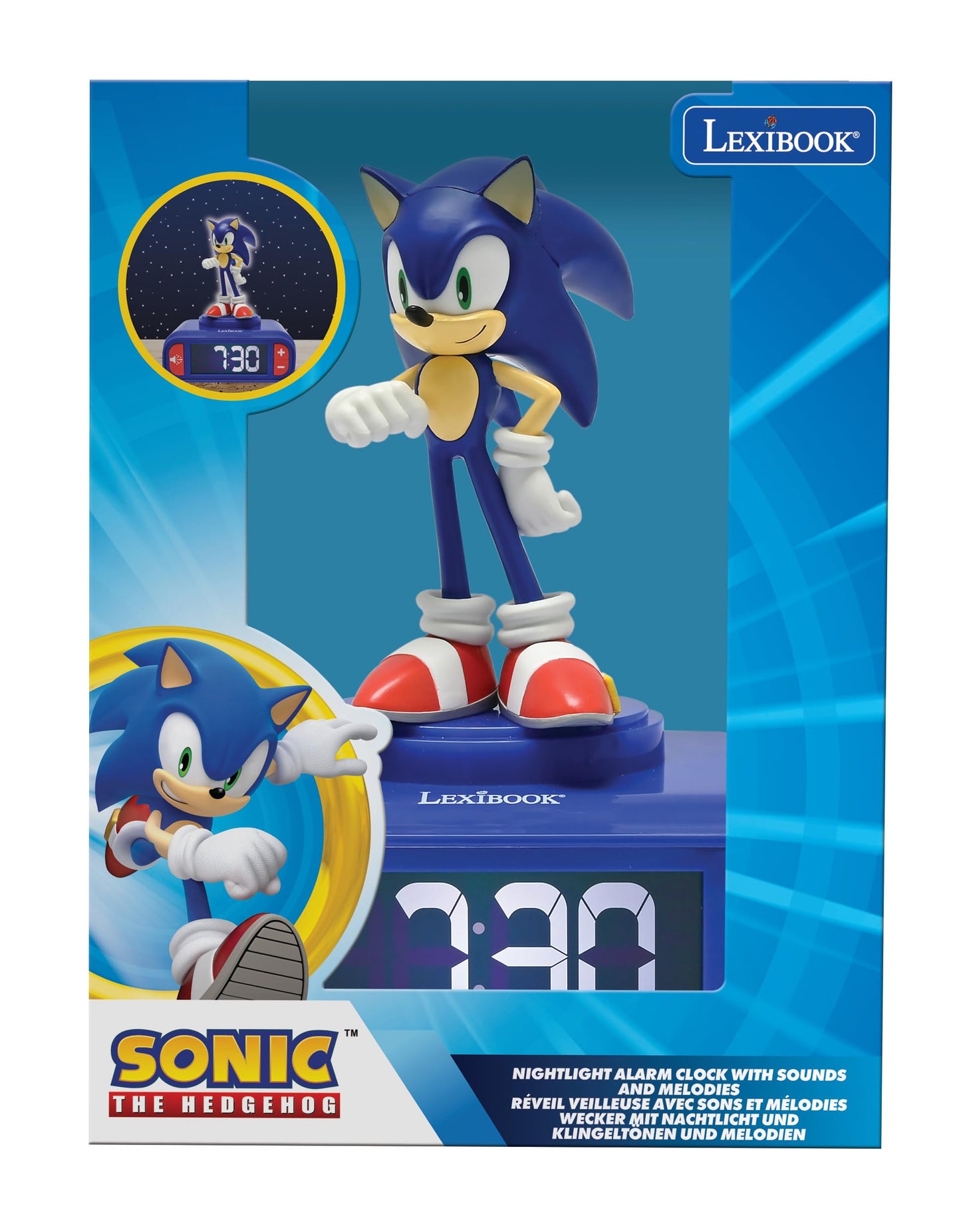 Lexibook, Sonic The Hedgehog, Sonic Night Light Alarm Clock, Sounds and Melodies, Backlit LCD Display, Luminous, Snooze, Blue, RL800SN