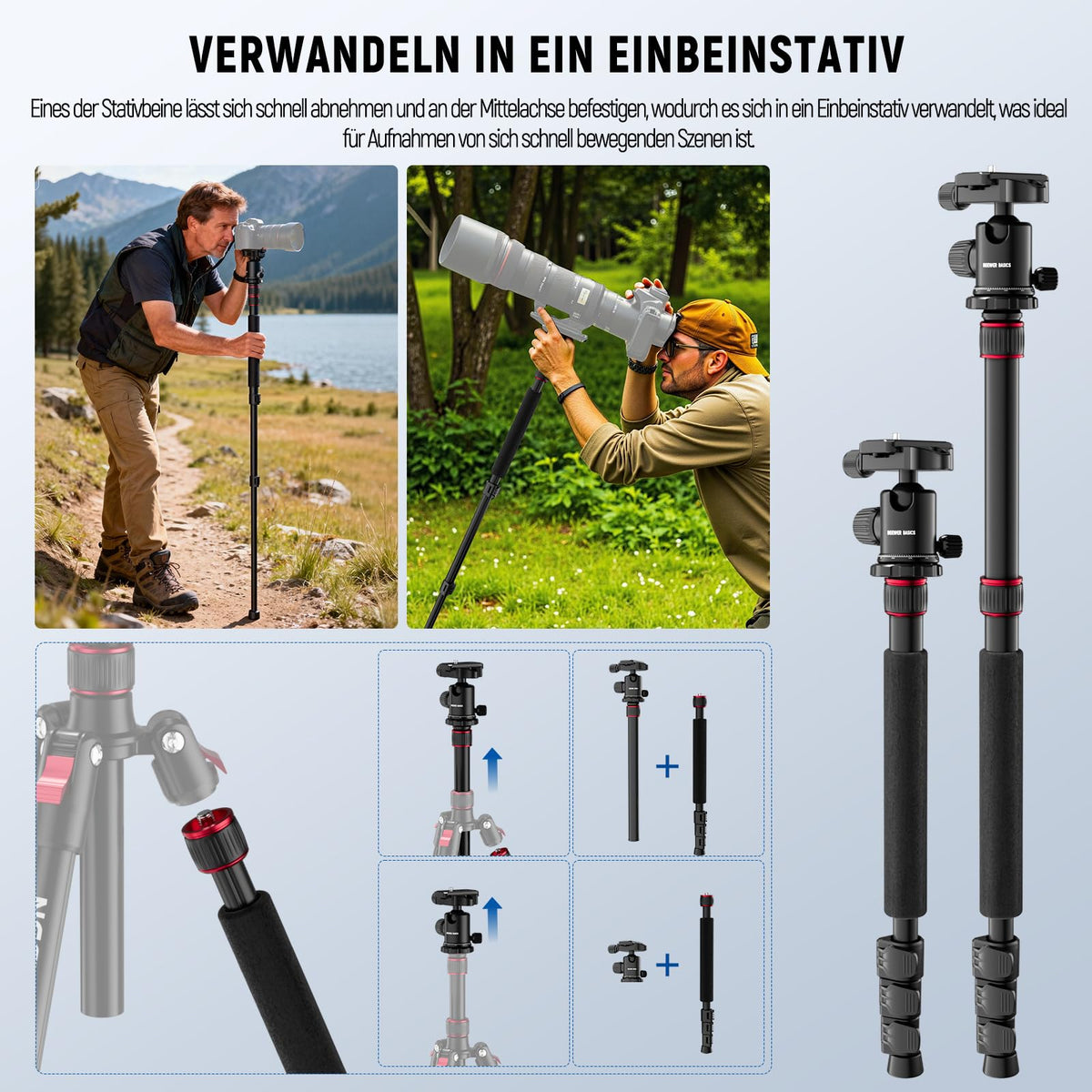 NEEWER Basics Camera Tripod Monopod, 71" Aluminum, Heavy Duty Portable Travel DSLR Phone Holder with 360° Ball Head Phone Holder Compatible with iPhone for Video Recording, TP15