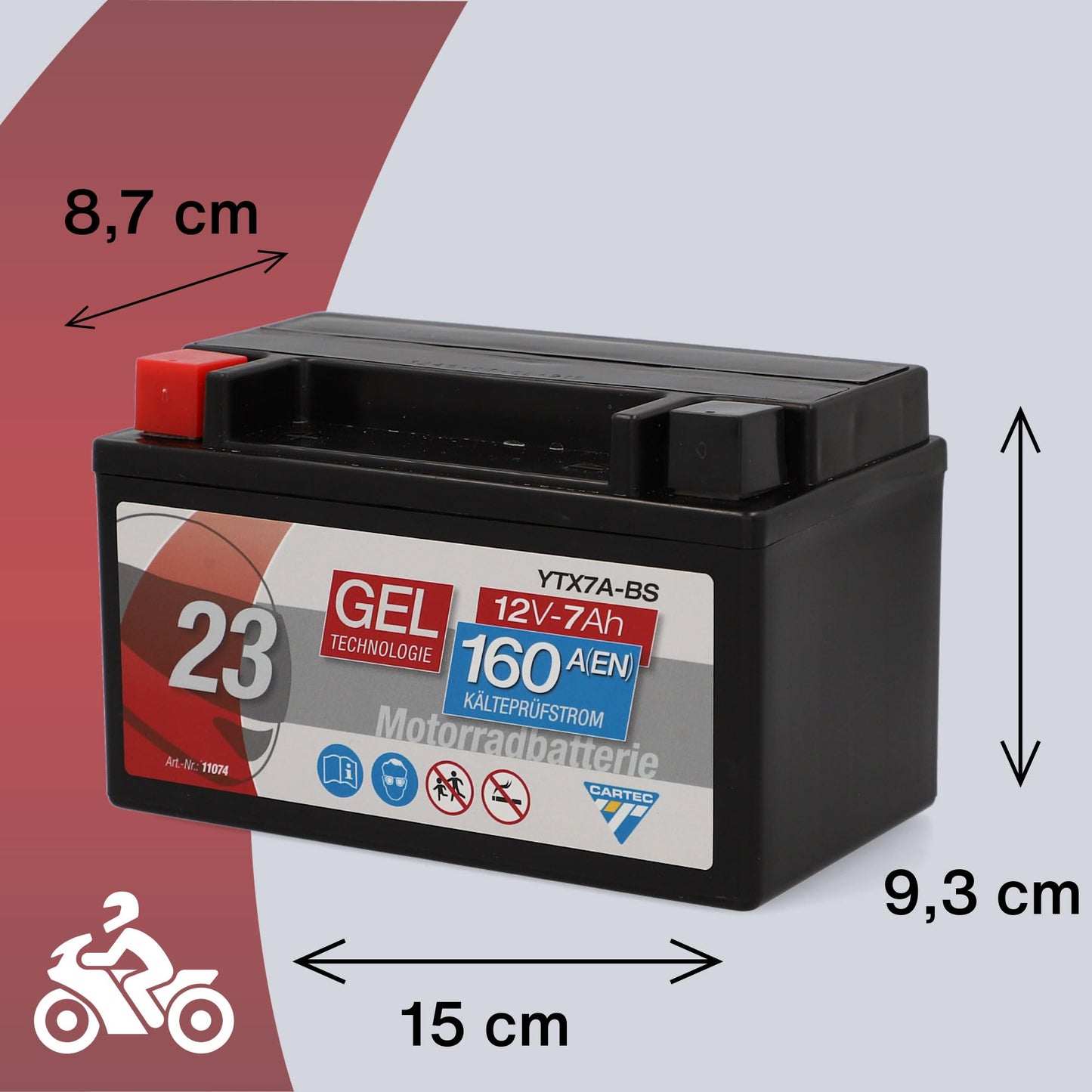 CARTEC motorcycle battery YTX7A-BS, 7Ah, 160A, gel technology motorcycle starter battery, original equipment manufacturer quality, cycle-proof, storable, maintenance-free, black - 11074