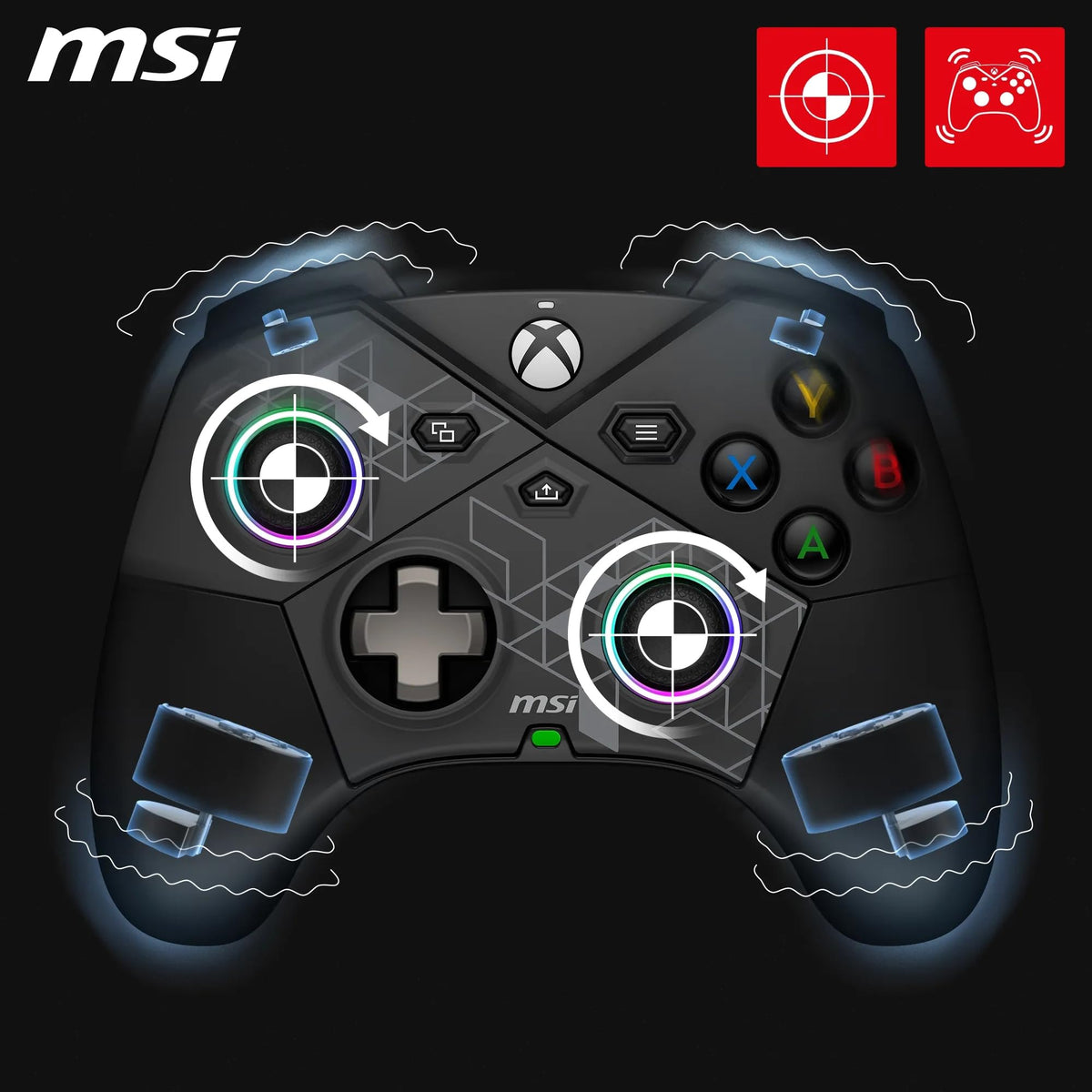 MSI FORCE PRO WIRELESS PC Gamepad Controller - 2.4 GHz, Bluetooth, USB Type-C to A - wired/wireless, 1000mAh Li-Ion battery (48h), Hall effect triggers, quad vibration motors, RGB - S10-43G0130-C54