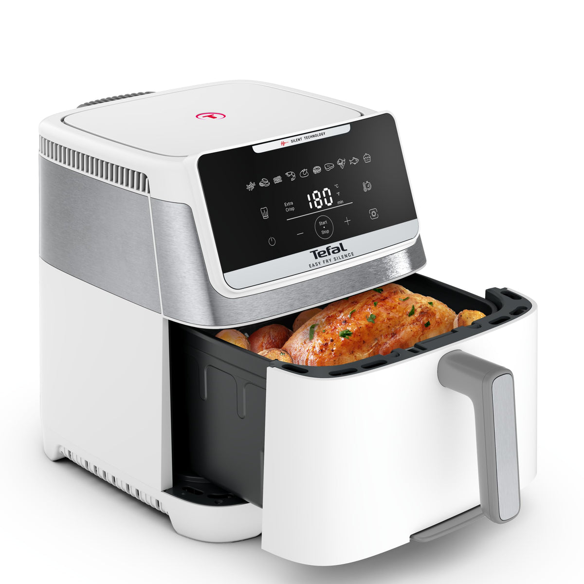 Tefal Easy Fry Silence Air Fryer, 7 L capacity, Silent technology, 10 preset programs, up to 8 servings, removable front element, white, EY8421E0