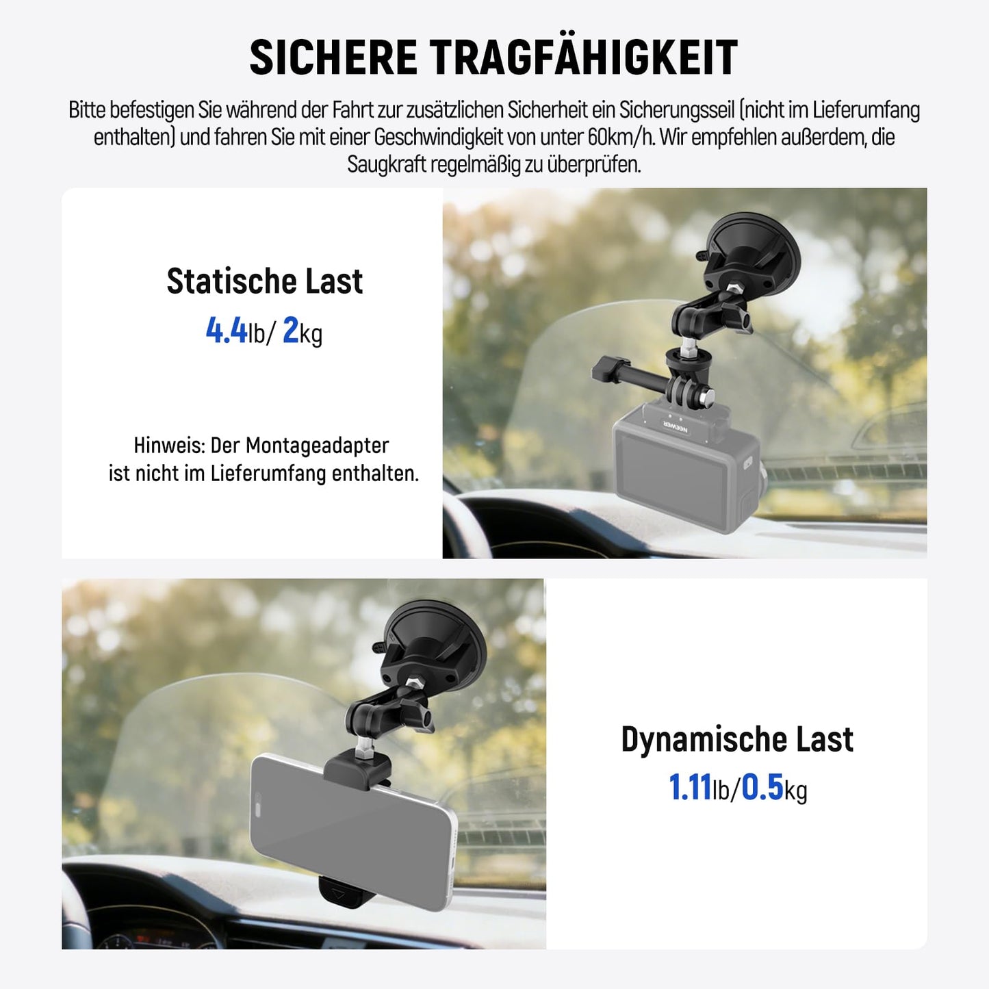 NEEWER suction cup mobile phone holder and camera mount compatible with GoPro DJI Insta360 iPhone, car smartphone mount with action cam adapter, 360° magic arm for POV windscreen vlogging CA158