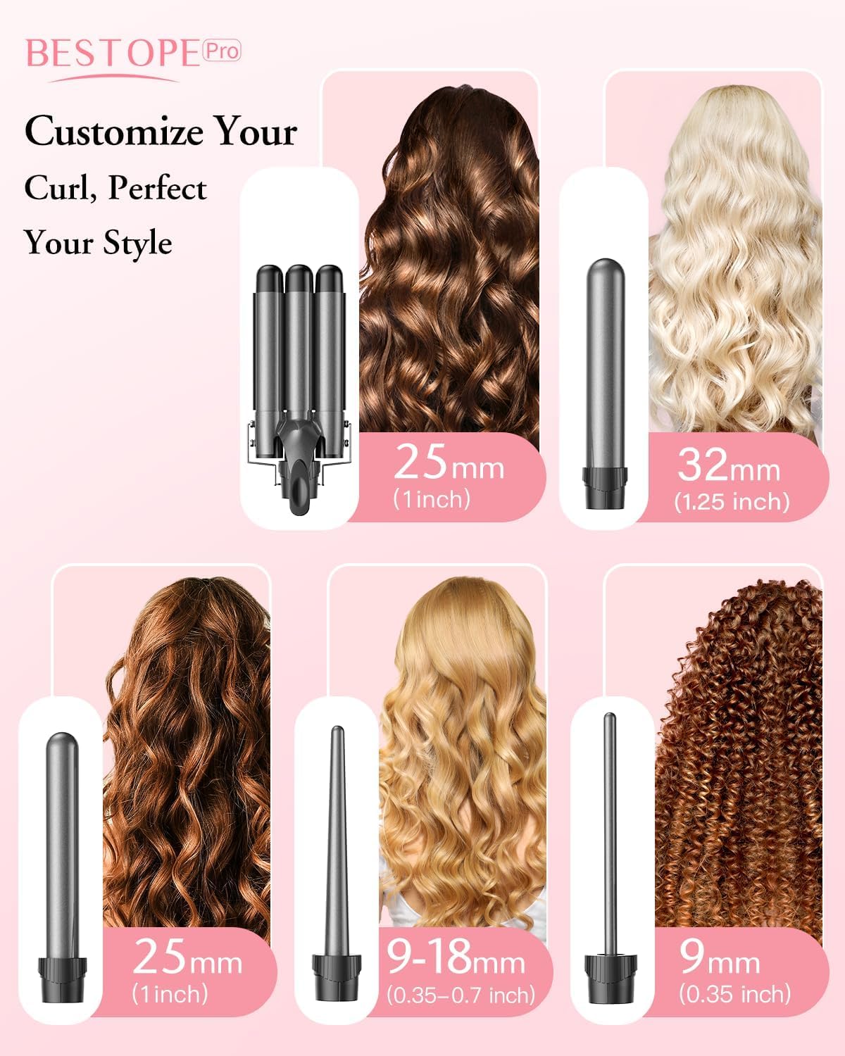 BESTOPE PRO curling iron curling iron 3 barrels wave iron 5 in 1 - curling iron set 3 barrels for large waves, temperature setting, quick heating and a glove, 2 clips, gray - MD-J18