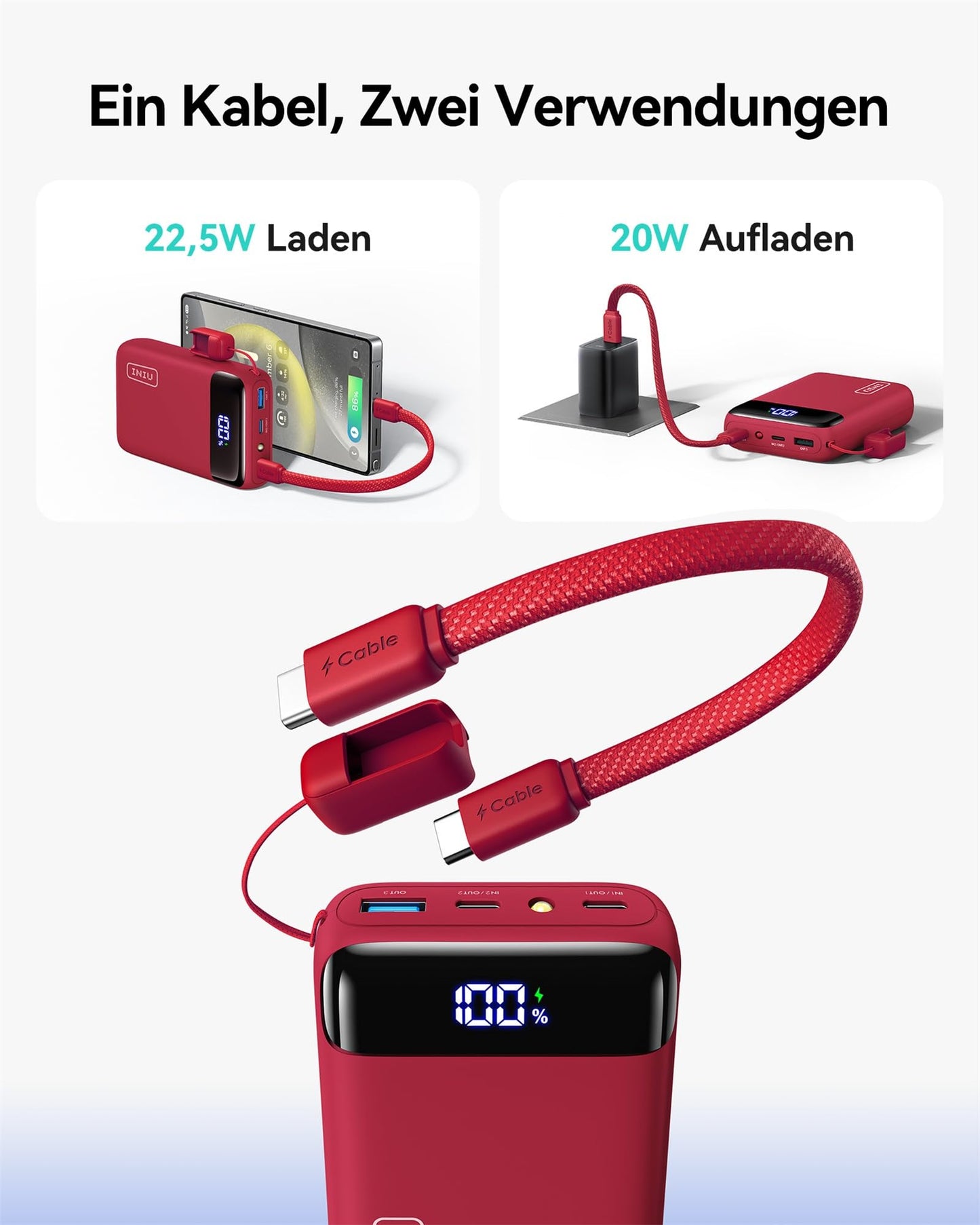 INIU Ultra Small 20000mAh Power Bank, 22.5W Quick Charge PowerBank with Removable USB C Cable, Suitable for Flight & Travel Essential, External Mobile Phone Batteries for iPhone 17 16, Commuting, Daily Use, Red - P51