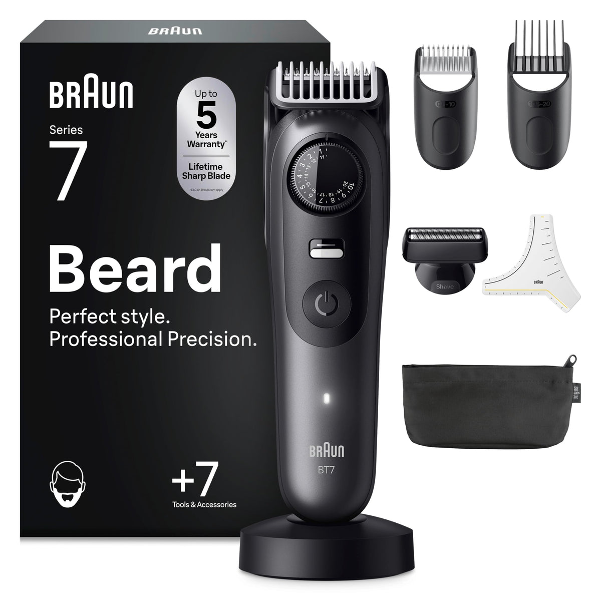 Braun Barttrimmer Series 7, Kabelloser Bartschneider Herren, BT7525, Grau