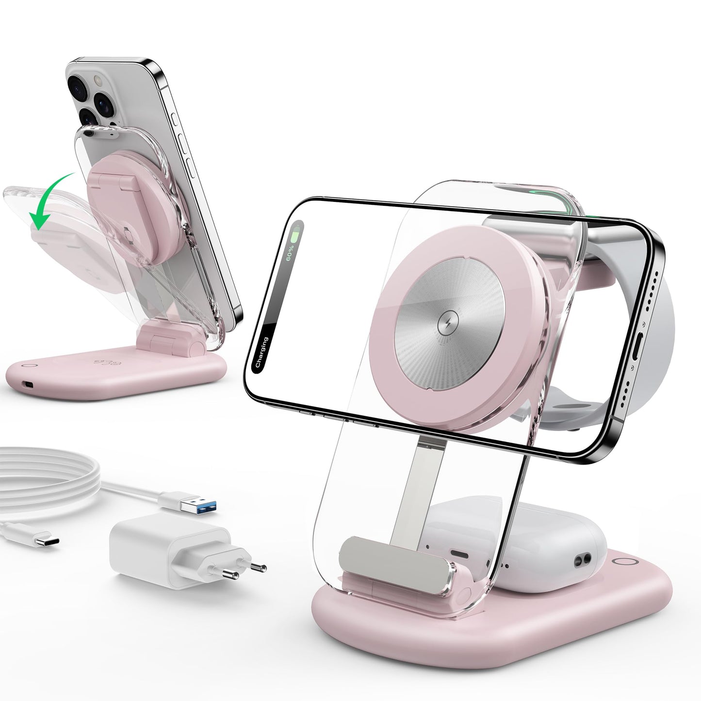 Mag Safe Charger, Charging Station and iPhone, 3 in 1 Mag Safe Charging Station Compatible with iPhone 17e 17 16 15 14 13 12 Pro Max/Air/Plus/Pro, for Apple Watch 10/9, Airpods 3/2/Pro, Foldable, Pink - T618-F