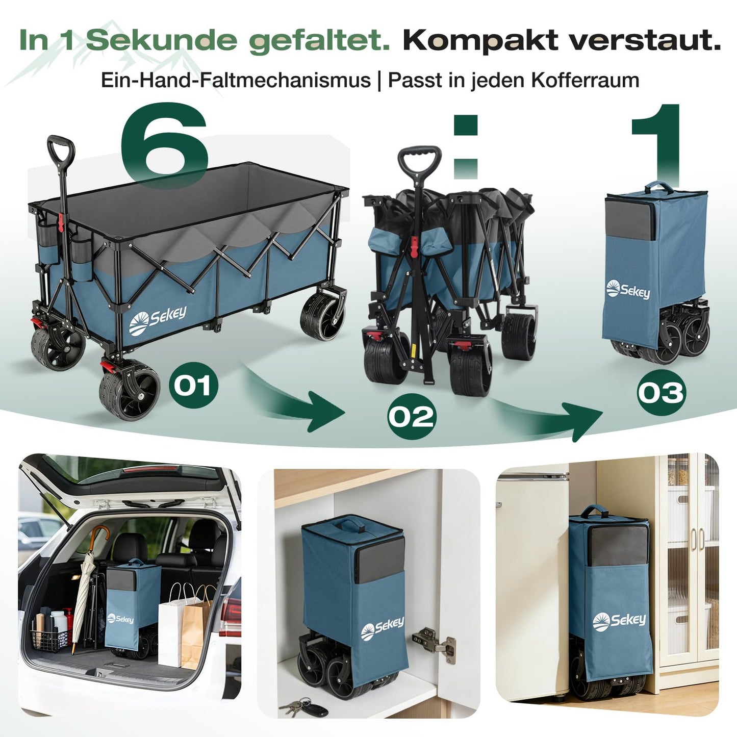 Sekey XXXL handcart foldable 300L 200KG load-bearing, extended folding handcart with extra width 17x10 cm all-terrain wheels handcart, patented 4-way instant assembly transport cart, blue with gray - 4013