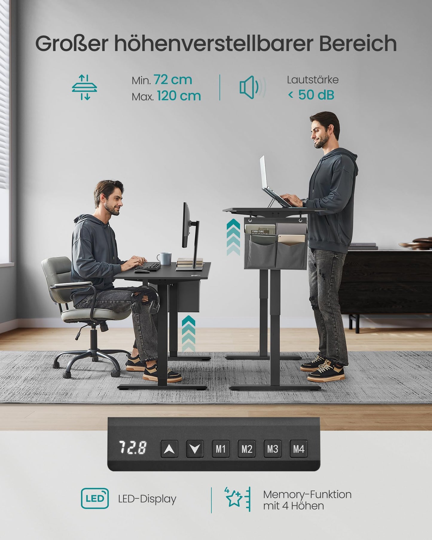 SONGMICS Electric height-adjustable desk, 140 x 60 cm, infinitely adjustable, memory function with 4 heights, ink black LSD134B01