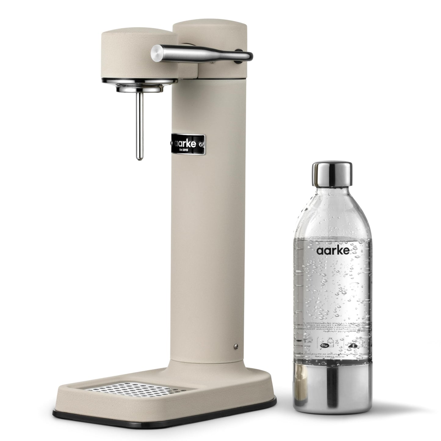 Aarke Carbonator 3, stainless steel sparkling water maker in a modern sand finish with BPA-free 1L PET bottle, sparkling water maker for tap water, compatible with 60L CO2 cylinders - AAC3-Sand