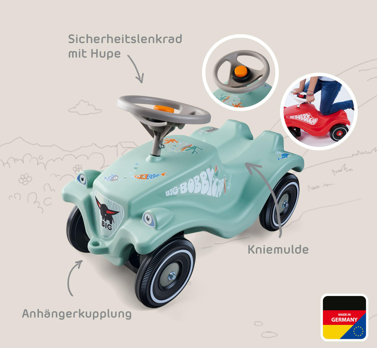 Big Bobby Car Classic Green Sea - Ride-on car for children from 1 year old in a colorful sea design with a gray safety steering wheel and horn, suitable for kids aged 1-5 years (up to 50 kg), sage green with stickers. - 800056141