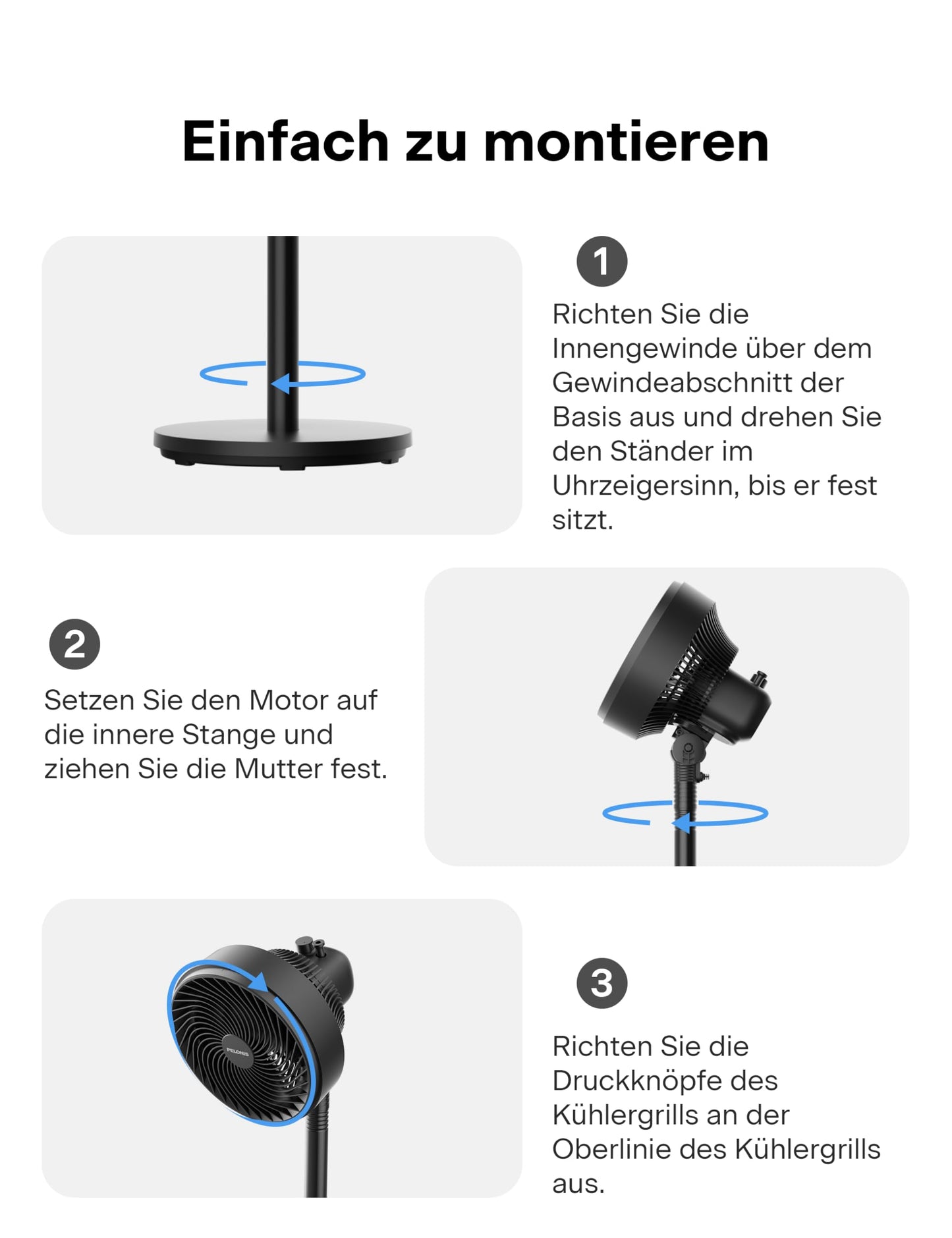 Pelonis 4-way height-adjustable column fan, ultra quiet oscillating fan with 90° swivel range and 3 speeds for bedroom, office, home, black - PE-FG18-22LAPH-DE