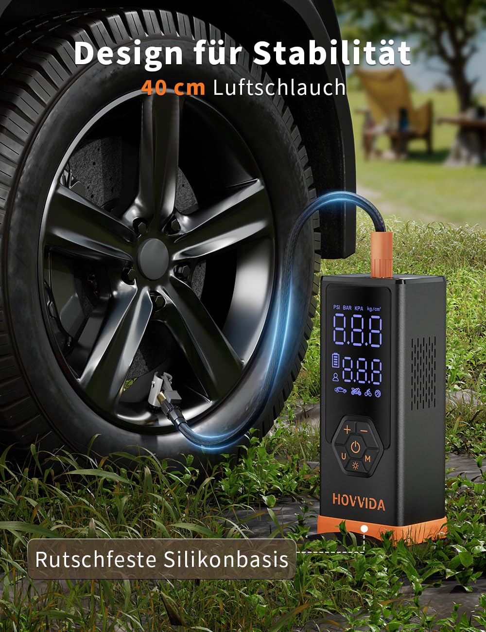 HOVVIDA Electric Air Pump, Portable Battery Bicycle Pump, 7800 mAh Battery, 12V DC, 10.3Bar (150 PSI), 40L/min Air Flow, Quick Inflation, Portable Air Pump for MPV, SUV, Car, Motorcycle, Bicycle, Ball - AM41J3