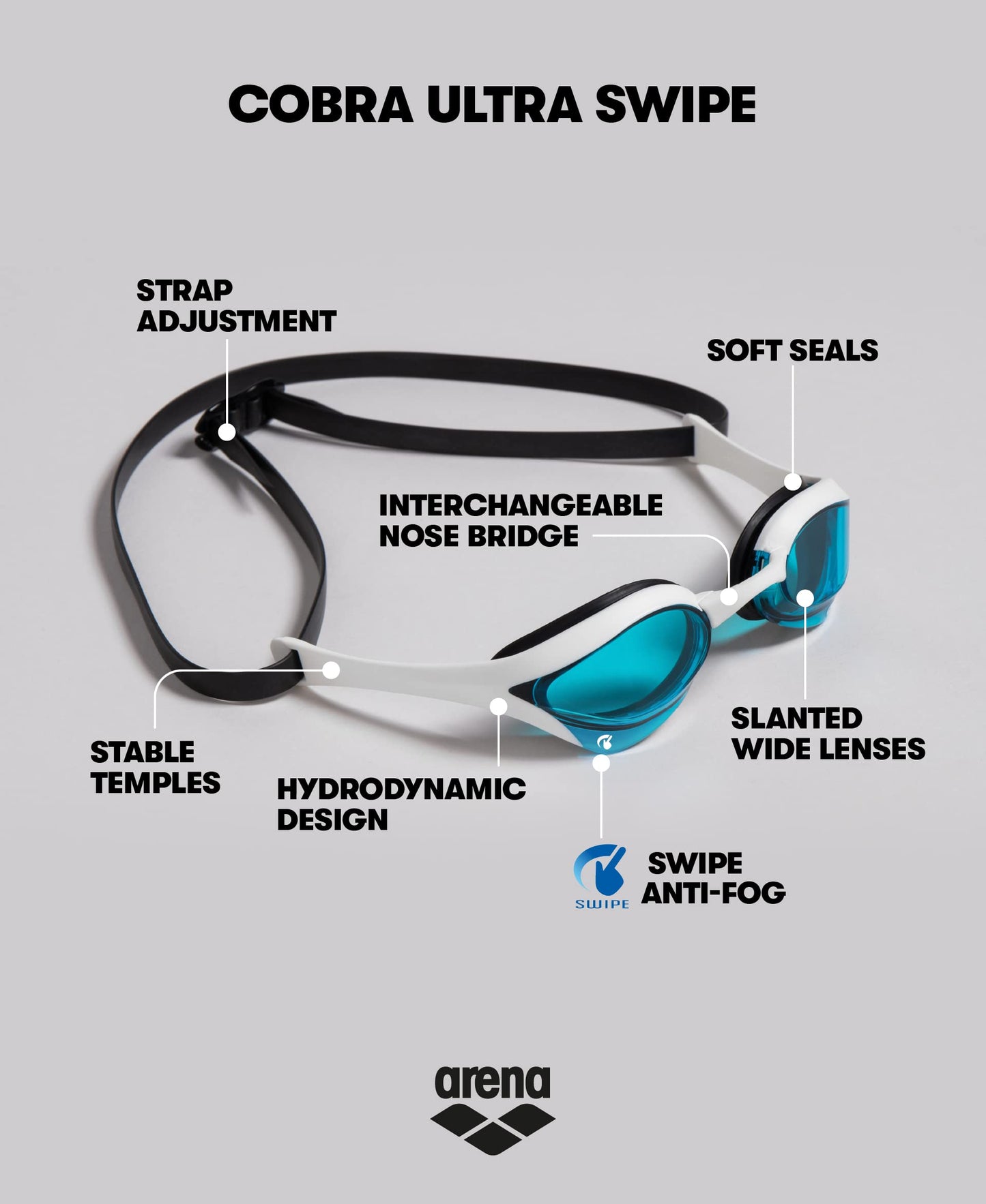 ARENA Cobra Ultra Swipe Mirror Competition Anti-Fog Swimming Goggles Unisex for Adults, Swimming Goggles for Pool and Sea with Mirrored Curved Lenses, UV Protection, 5 Interchangeable Nose Bridges - 002507-530-NS