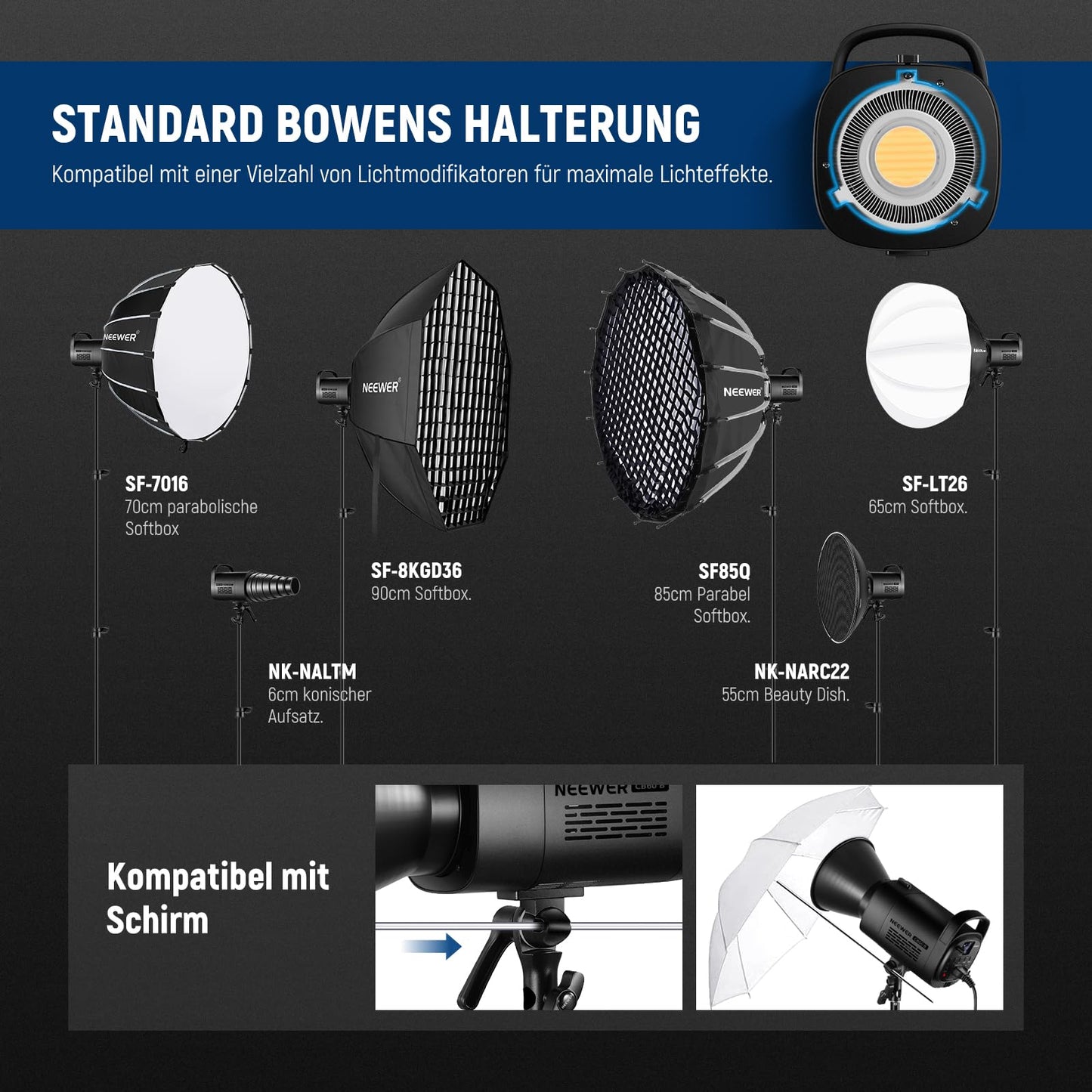 NEEWER 70W LED video light, 2.4G and APP control, two-tone 2700K-6500K video light, 34000 lux/1m, CRI97+/12 scenes/Bowens COB continuous light for studio photography video recording and streaming, CB60B - 10102325