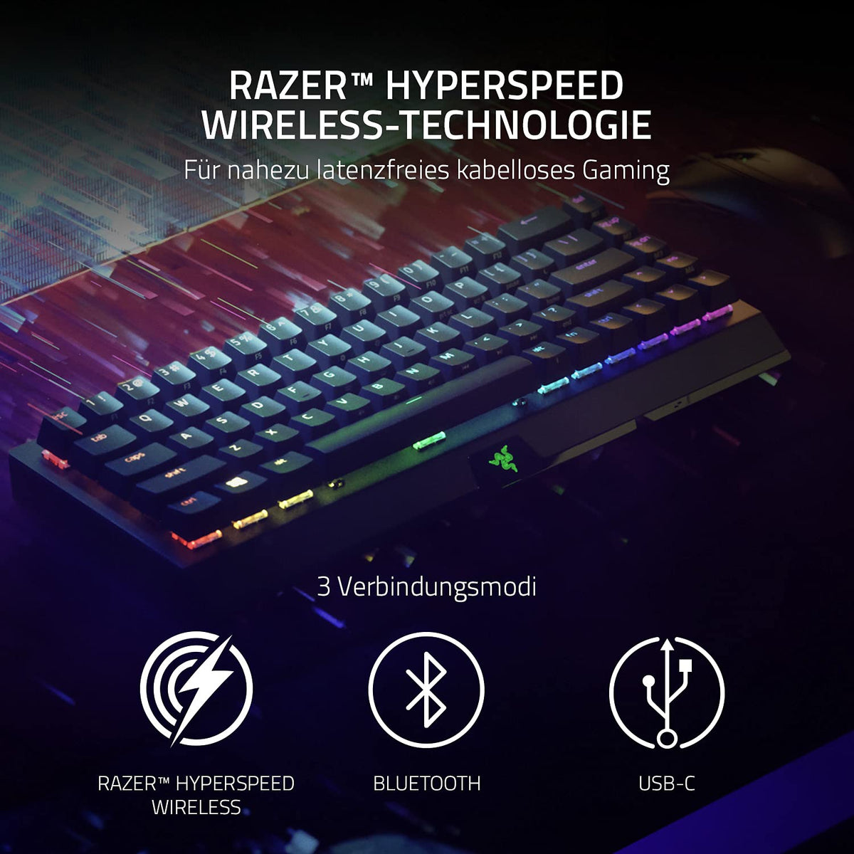 Razer BlackWidow V3 Mini HyperSpeed (Yellow Switch) - Tastatur de gaming mecanică wireless de 65% (Switch-uri mecanice silențioase, Bluetooth, USB-C) cu layout QWERTY US | Negru - RZ03-03890100-R3M1