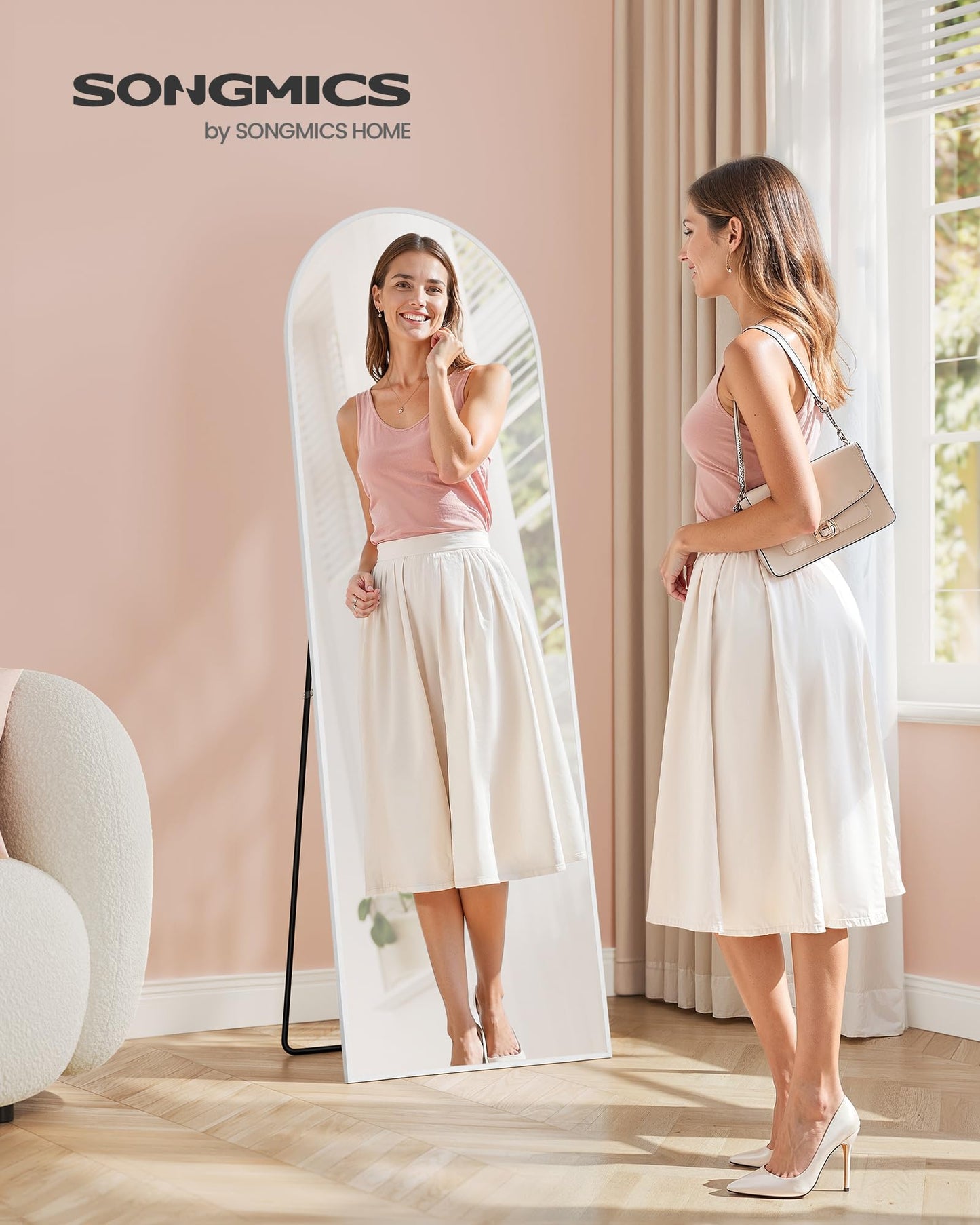 SONGMICS Full Length Mirror 160x50cm Curved Standing Mirror Aluminum Alloy Frame Tempered Glass for Bedroom Living Room Cloakroom Matte White LFM031WC01 - ULFM031WC01