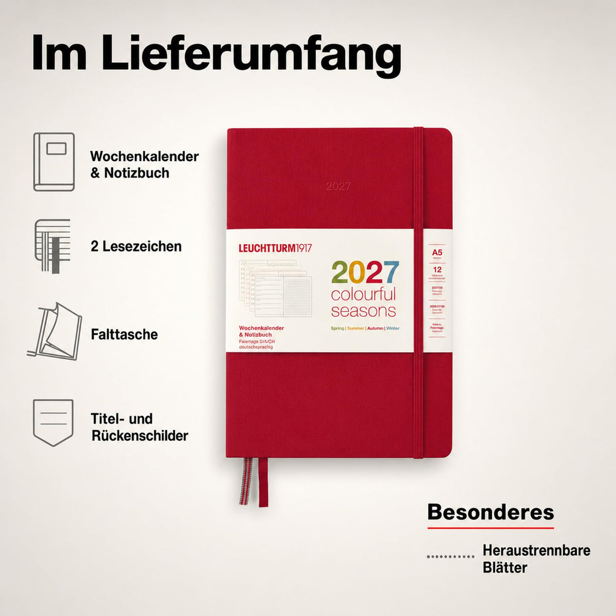 LEUCHTTURM1917 Calendar săptămânal și caiet cu punct mediu (A5) 2027, anotimpuri colorate roșu, engleză, cartonat, prezentare generală a calendarului 2026/2027/2028, prezentare generală a planificării 01.27-12.28, planificator de proiecte, buzunar
