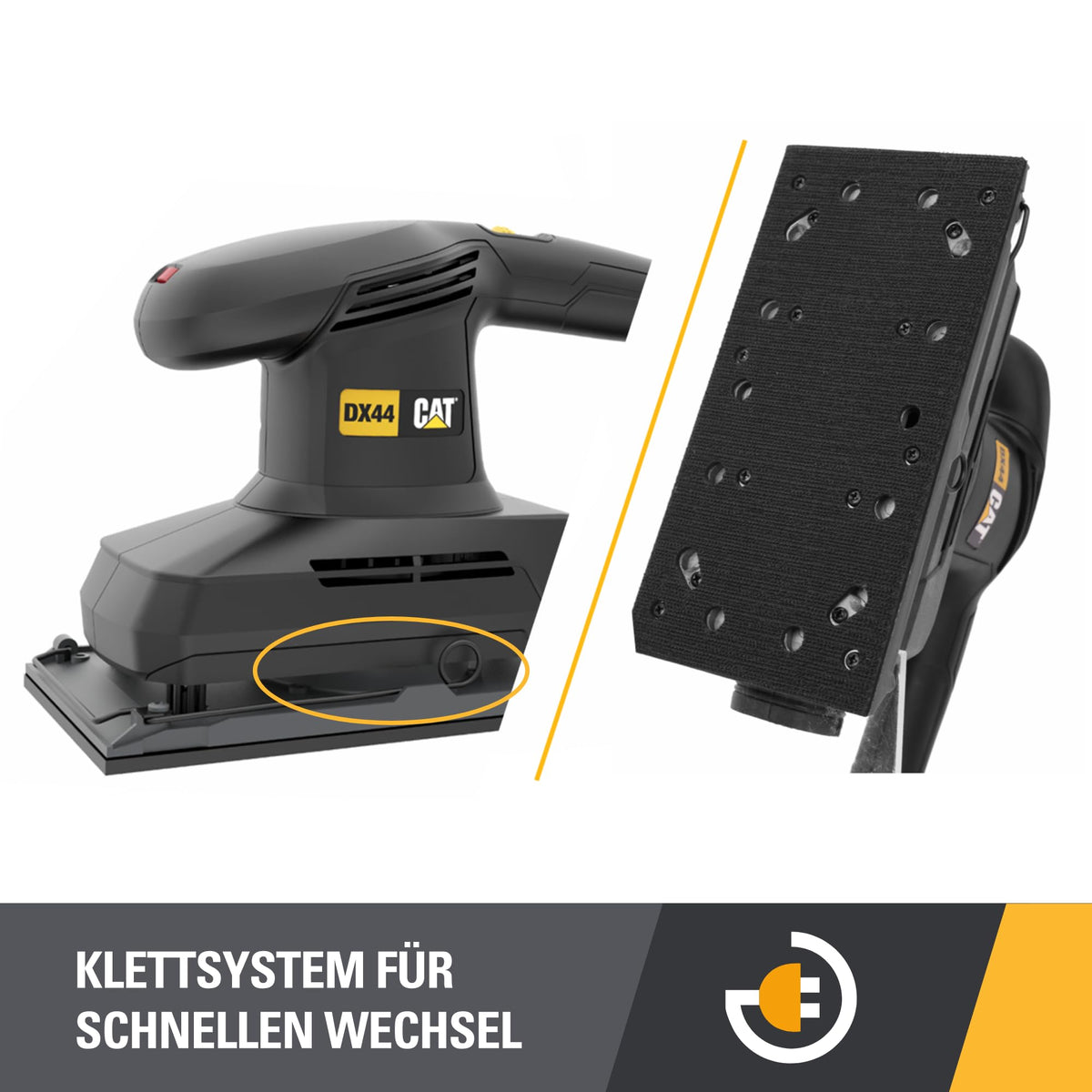 CAT DX44 Schwingschleifer 350W, 113x230 mm suprafață de șlefuire, 6000–11000 rpm, 2.4 mm circuit de oscilație, (inclusiv cutie de praf cu ciclon, adaptor, hârtie de șlefuit și perforator)