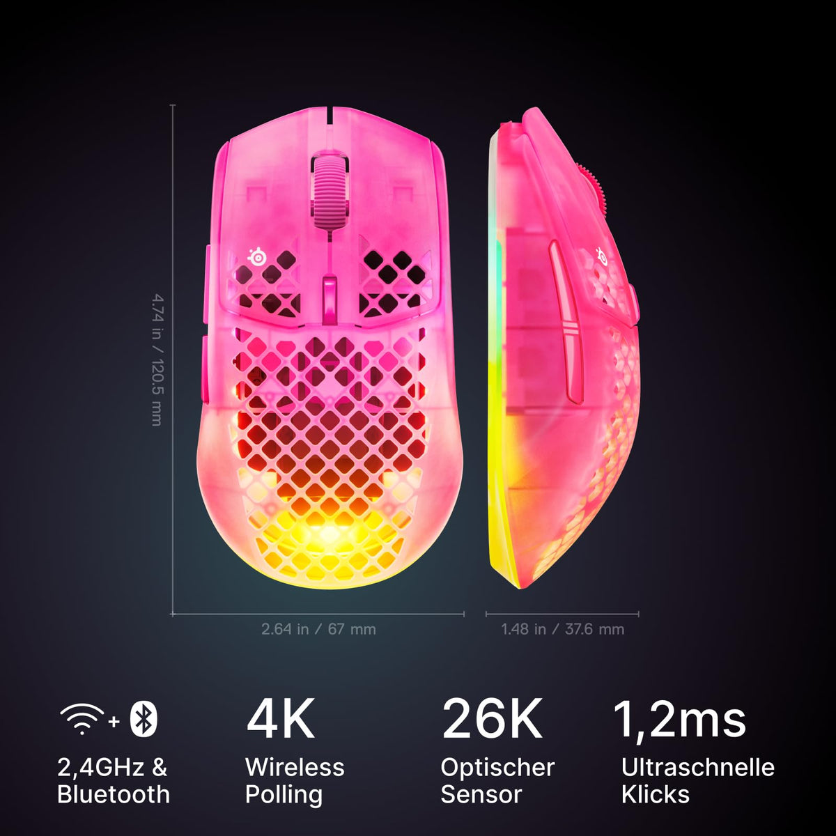 SteelSeries Aerox 3 Wireless Gen 2 – Ultra-light 68g gaming mouse, 4K polling rate, 26K DPI optical sensor, 200 hours battery life, IP54, 80 million clicks, RGB, pure PTFE glide feet, Magenta - 62716