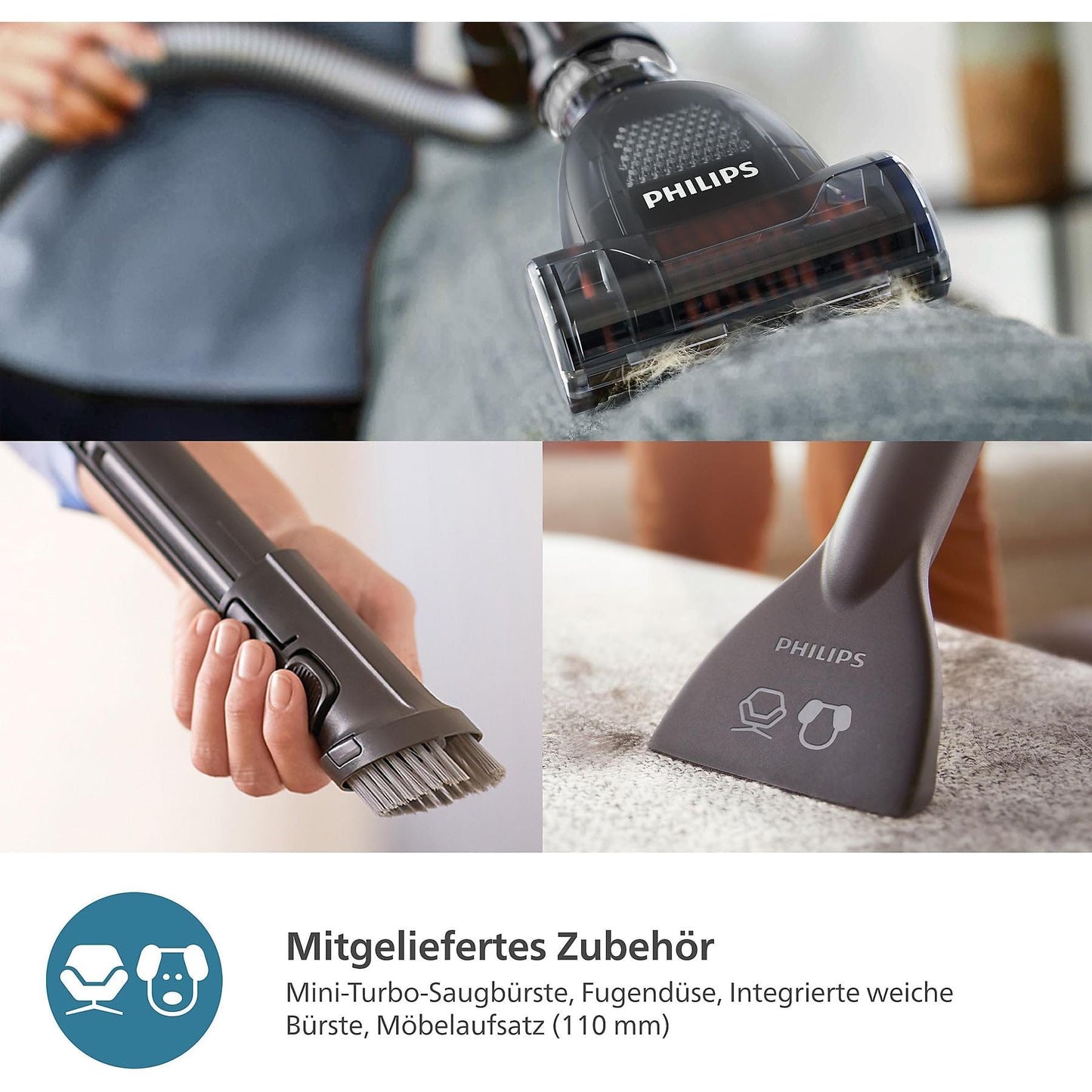 PHILIPS 6000-Series Bag Vacuum Cleaner Performer LED - 900 W Motor, TriActive+ LED Nozzle, HEPA, 9 m, Durable Bags, Black (XD6142/12)