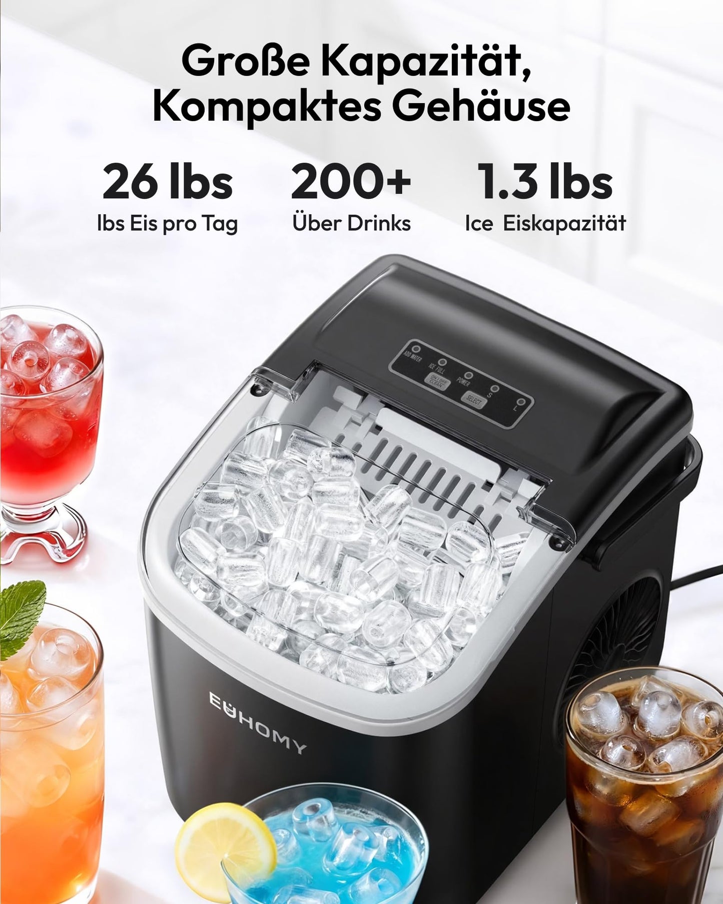 EUHOMY Small Ice Cube Machine, 12KG Ice Cube Maker, 9 Cubes Ready in 6 Minutes, Black Ice Cube Machine with Portable Handle, 12KG/24H, Self-Cleaning Ice Cube Machine - DE-IM06D-02-AZ-HM
