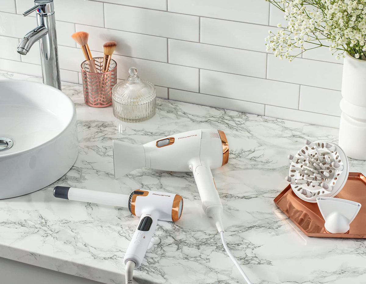 Rowenta Ultimate Experience Massage Hair Dryer, 2200 Watts, High-Performance Digital Motor, Ion Booster, Gently Rotating Fingers, 2-in-1 Drying with Revitalizing Scalp Massage, White/Copper, 1 piece - CV9240