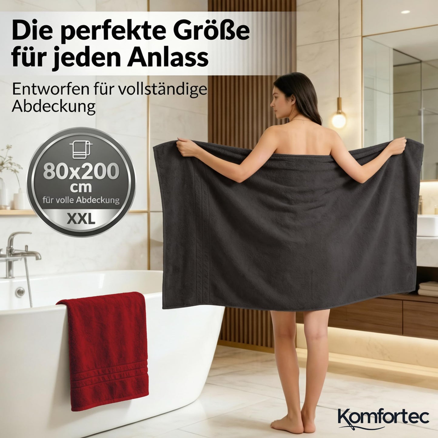 Komfortec 2 sauna towel set 80x200 cm, large sauna towels made of 100% cotton, sauna towels, fluffy and absorbent, quick-drying, black/aurora red - 2er-80x200-schwarz-aurorarot