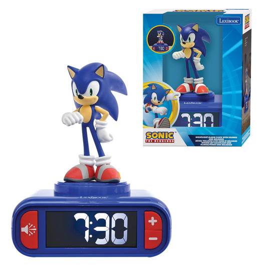Lexibook, Sonic The Hedgehog, Sonic Night Light Alarm Clock, Sounds and Melodies, Backlit LCD Display, Luminous, Snooze, Blue, RL800SN