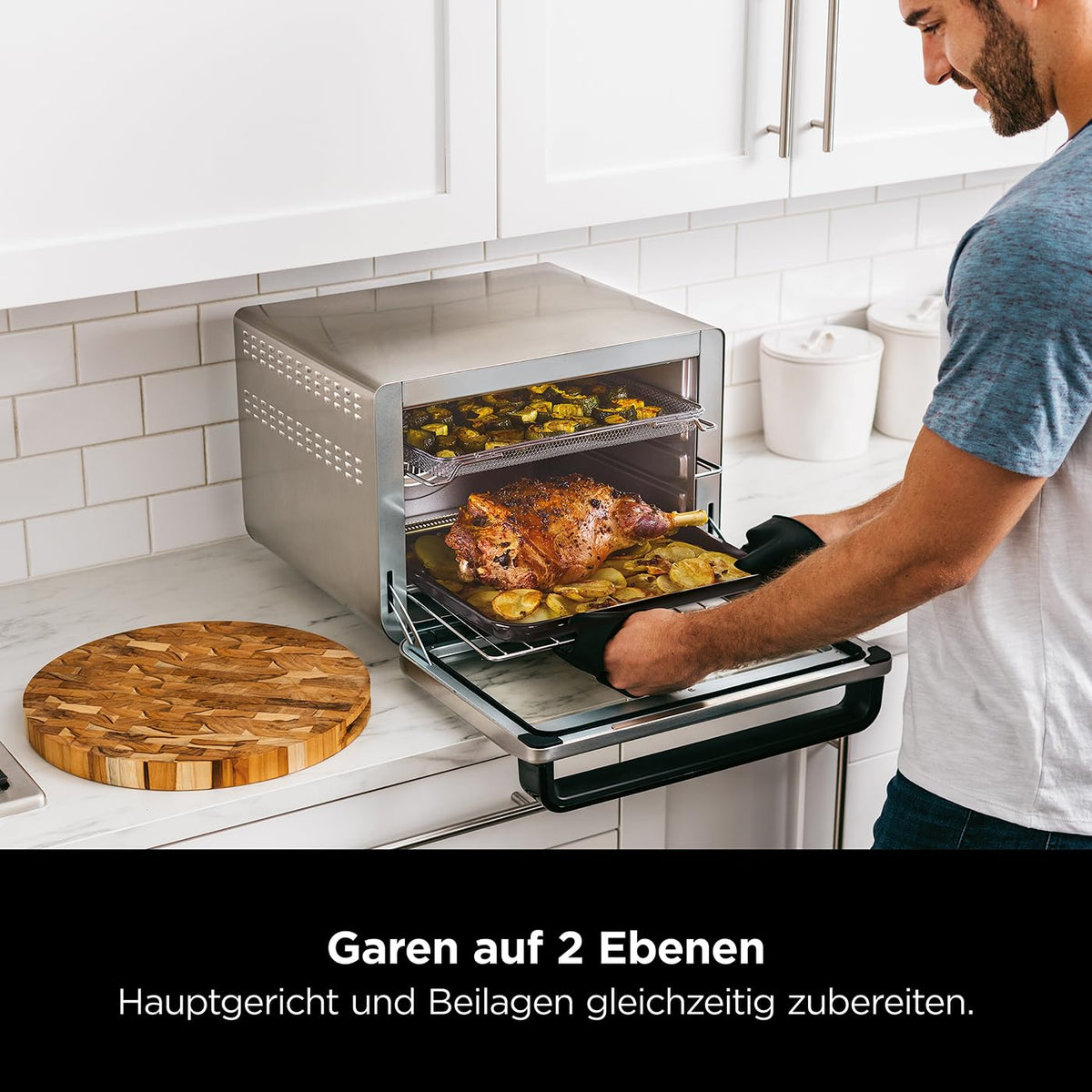 Ninja Foodi 10-in-1 Multifunction Oven, portable mini oven for countertops, multipurpose oven with 10 cooking functions; Air Fry, Roast, Grill, Bake, and more, Silver/Black DT200EU