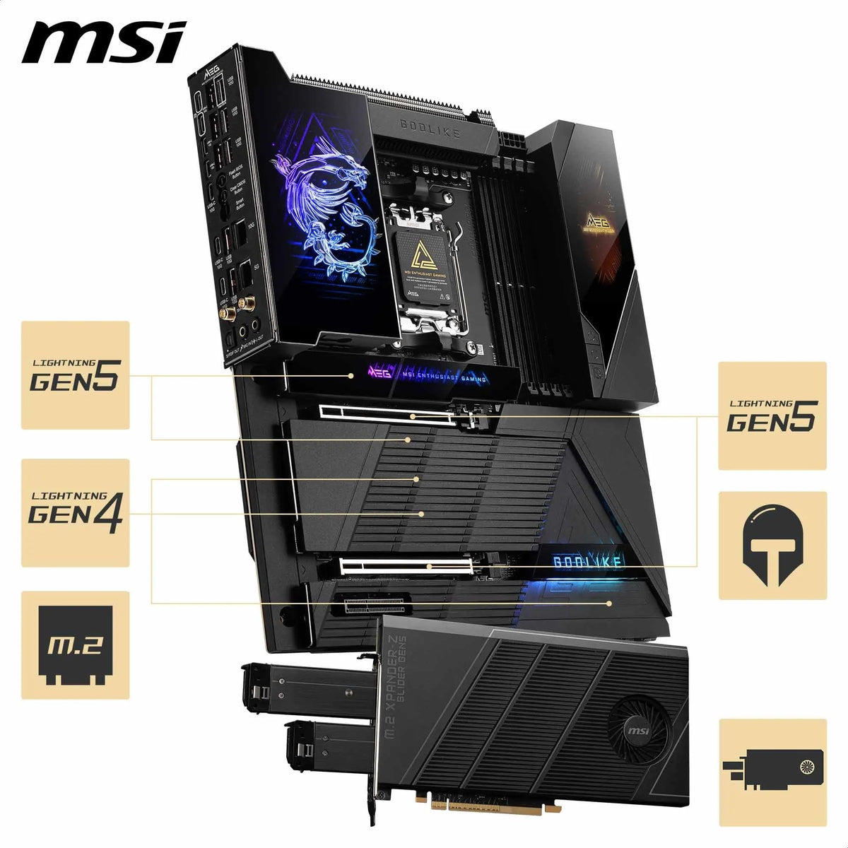 MSI MEG X870E GODLIKE, E-ATX - Supports AMD Ryzen 9000/8000/7000 processors, AM5 - Dynamic Dashboard III, 110A SPS, DDR5 memory (9000+ MT/s OC), M.2 & PCIe 5.0, USB4, Wi-Fi 7, 10G LAN - 7E48-001R