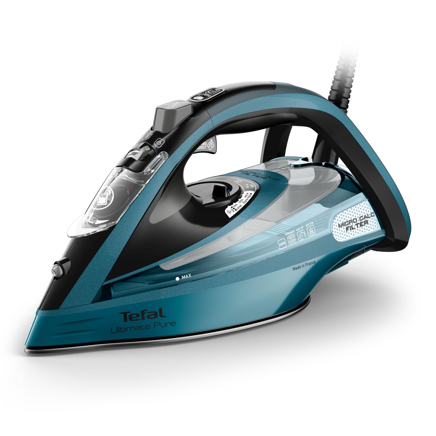 Tefal Ultimate Pure steam iron, 3200 watts, powerful steam, 300 g/min. extra steam boost, AutoClean soleplate, Micro Calc, automatic switch-off, drip stop, black/blue, FV9851E0
