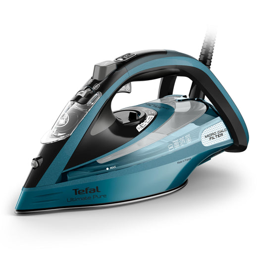 Fier de călcat cu aburi Tefal Ultimate Pure, 3200 W, abur puternic, jet de abur de 300 g/min., talpă AutoClean, Micro Calc, oprire automată, sistem anti-picurare, negru/albastru, FV9851E0