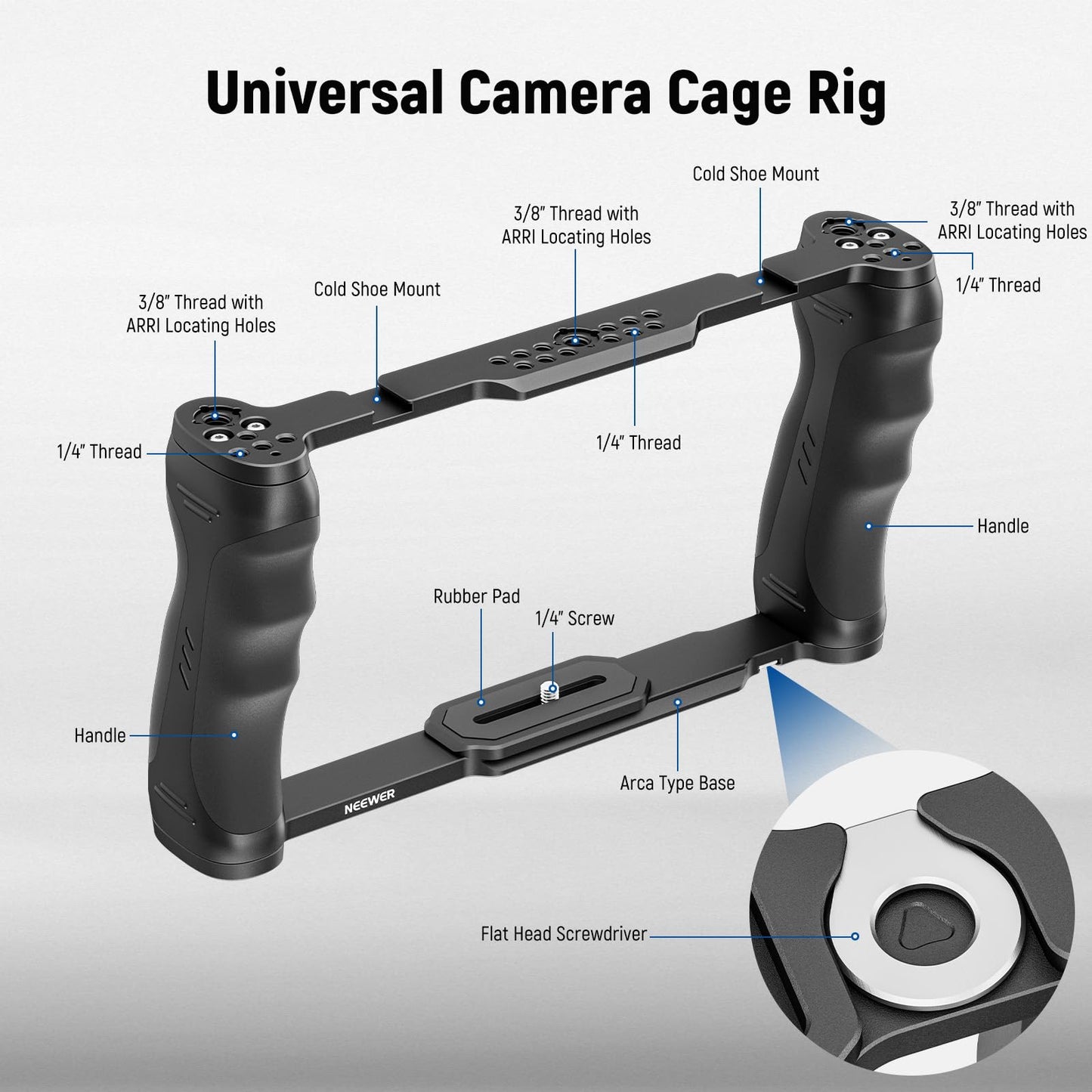 NEEWER Universal Camera Cage with Top Handle, Accessories Monitor Mount, Arca Type Camera Gimbal Stabilizer Video Rig, Two Handles and 3/8 Compatible with SmallRig CA016T+MA006