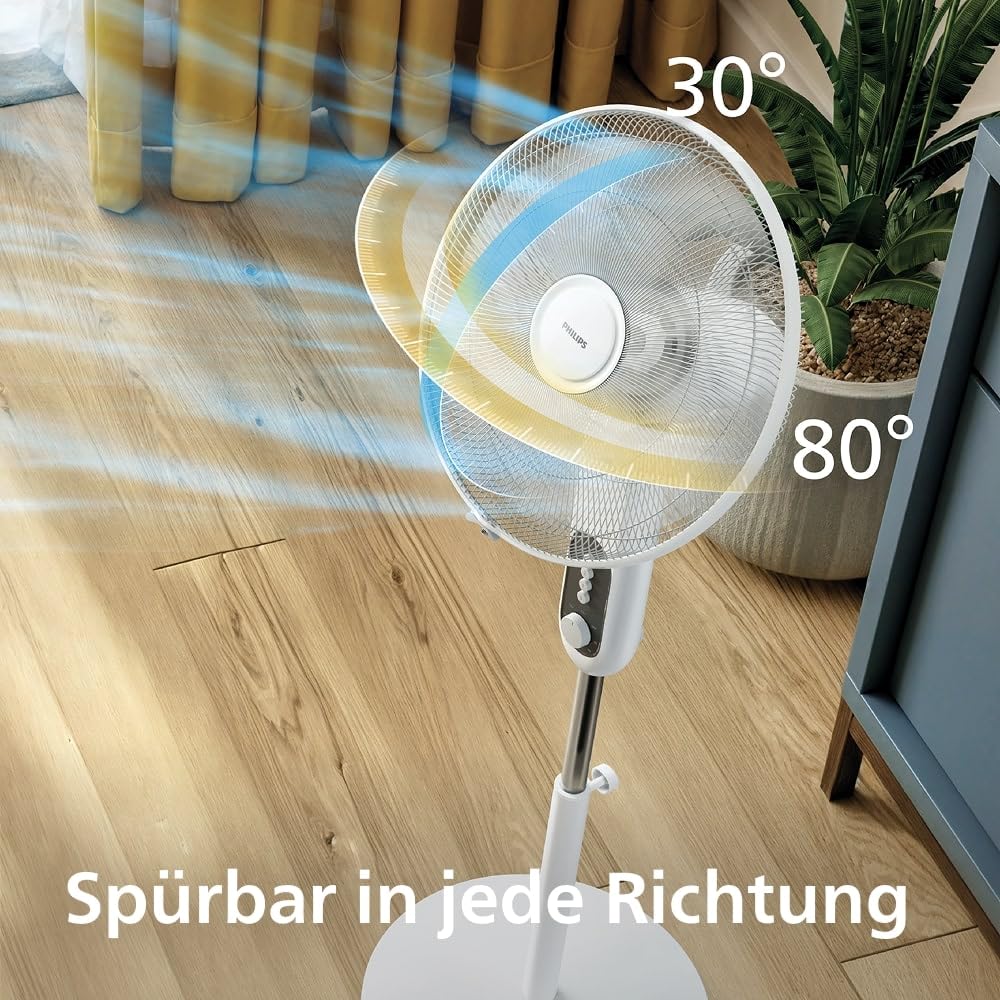 Philips Stand Fan Series 1000 - Powerful & Quiet, 38 dB, Height Adjustable, Tiltable, Oscillation, Timer, White (CX1220/00)