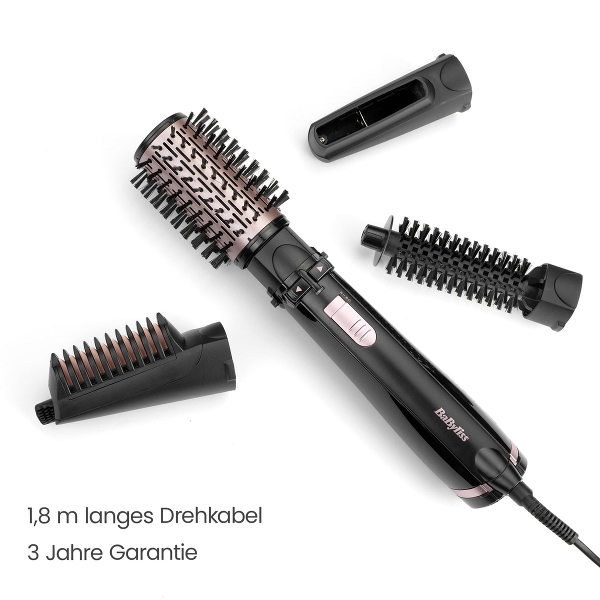 BaByliss Dry, Straighten and Style - Perie rotativă cu aer cald, 1000W, uscător cu perie rotundă cu ioni, cu 4 accesorii pentru uscare, îndreptare și crearea volumului, Negru, AS200E