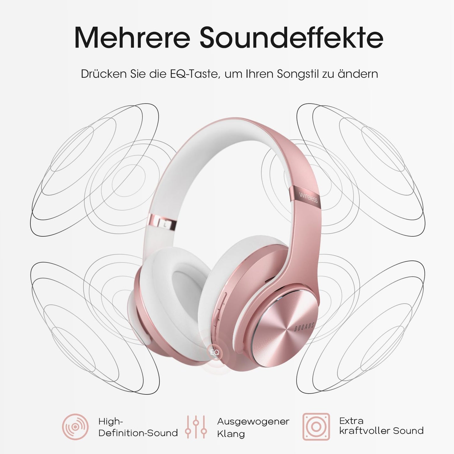 DOQAUS Bluetooth Headphones Over Ear, Up to 90 Hours Wireless Headphones with 3 EQ Modes, HiFi Stereo Foldable Headset with Microphone, Soft Ear Pads for Travel/Office/Cell Phone/PC/Laptops-Rose Gold - CARE1
