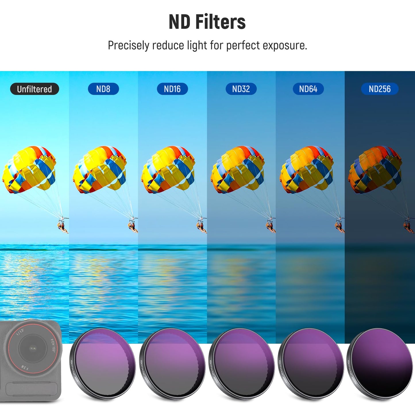 NEEWER ND filter set compatible with DJI Osmo Action 5 Pro/4/3, pack of 6 ND8+ND16+ND32+ND64+ND256+CPL gray filter polarization filter action camera accessories, multi-coated optical HD glass, FL-A98