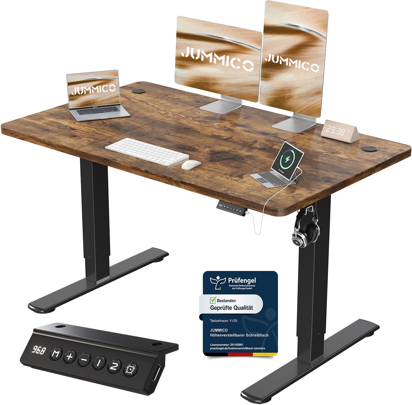 JUMMICO Birou reglabil pe înălțime cu port de încărcare USB, birou reglabil electric 120 x 60 cm, masă stand-sit, birou standing, masă de calculator reglabilă, birou standing, maro - 0403