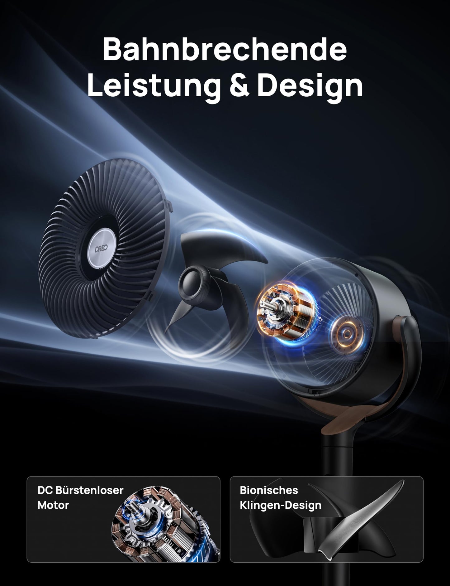 DREO 23dB quiet pedestal fan, 120°+120° omni-directional oscillating fan, 27M wind distance, 1615 m³/h air volume Real turbo air circulator fans, 89-102cm height 3 modes 8-speed - DR-HPF002
