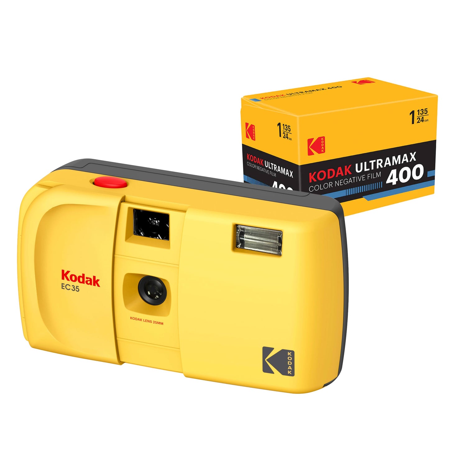 KODAK EC35 35mm Film Camera, Reusable, Focus Free, with Built-in Flash, Sliding Cover, Beginner Friendly (Butter Yellow). Bundle of Kodak Ultramax 400/24EXP 35mm roll film