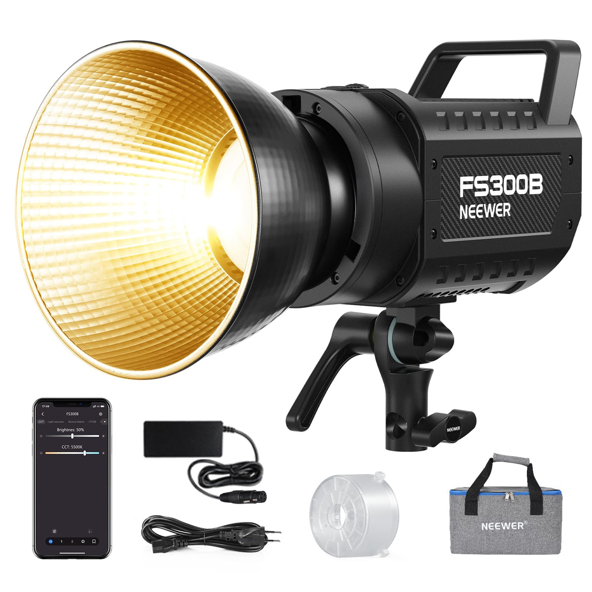 NEEWER FS300B 300W LED Studio Videolight, lumină continuă COB bicoloră cu control 2,4G/APP, 44500 Lux/1m, 2700K–6500K, CRI 97+, 12 scene, suport Bowens, spot light pentru fotografie și streaming. - 10106912