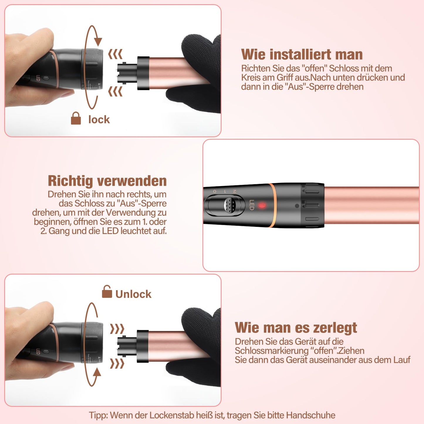 Curling irons 3 barrels for large-BESTOPE PRO curling iron set 5 in 1 curls with adjustable temperature Ceramic hair curlers with various attachments Fast heating, glove, 2 clips - BP06028-ROGEU