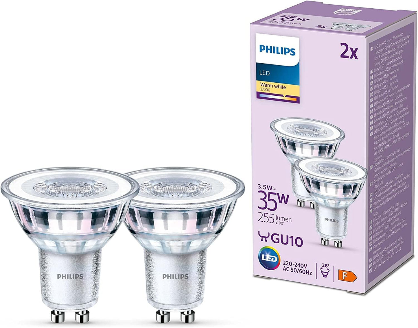 Philips LED lamp replaces 35W, GU10 reflector, warm white light (2700K), 255 lumens, pack of 2, matt - 929001217892