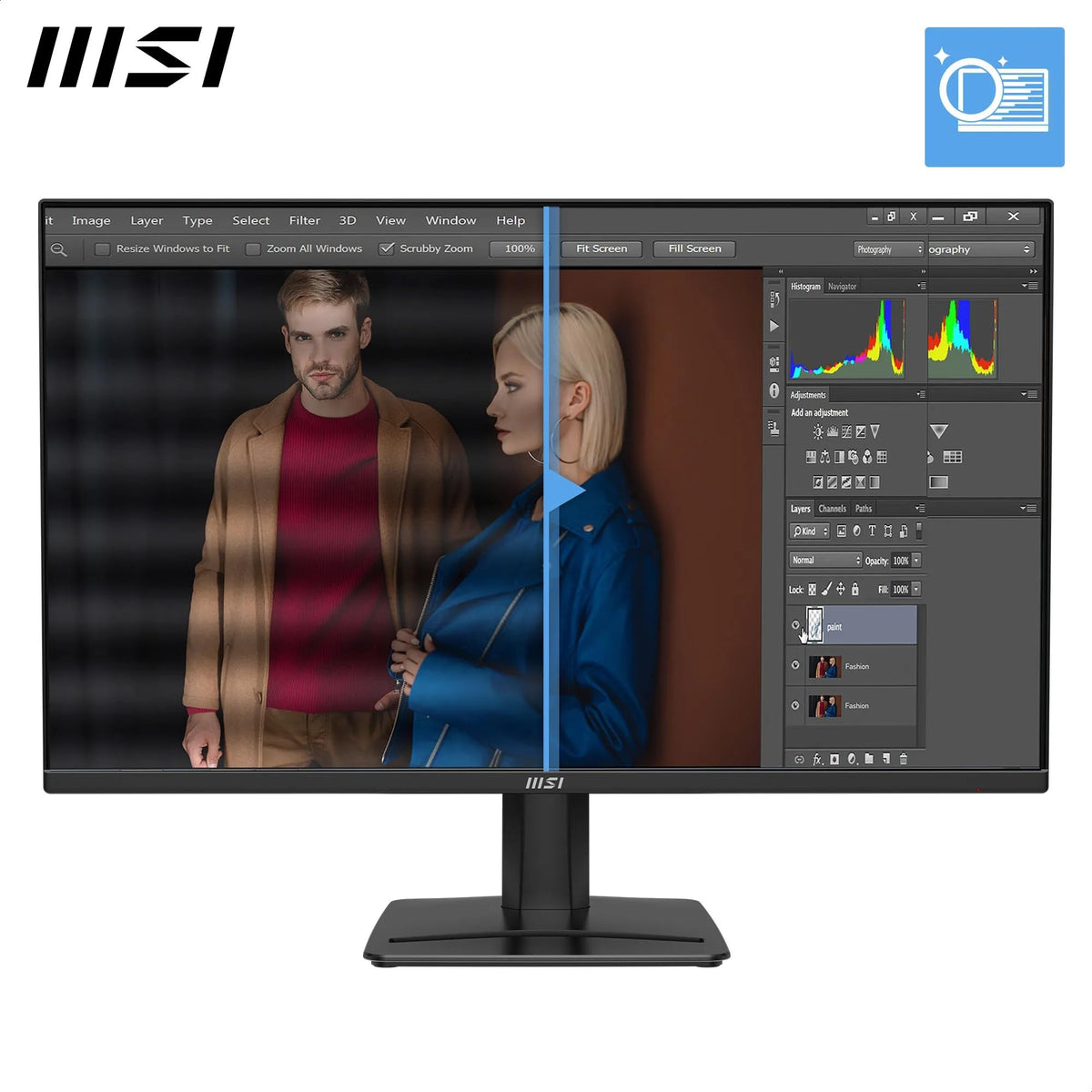 MSI PRO MP275QA E14 – 27″ WQHD IPS, 144 Hz, 1 ms, HDR & Adaptive-Sync. Cu Eye Care, difuzoare integrate, HDMI 2.0b, DP 1.2a, design fără margini, înclinat și compatibil VESA, de culoare neagră. - 4711377397247