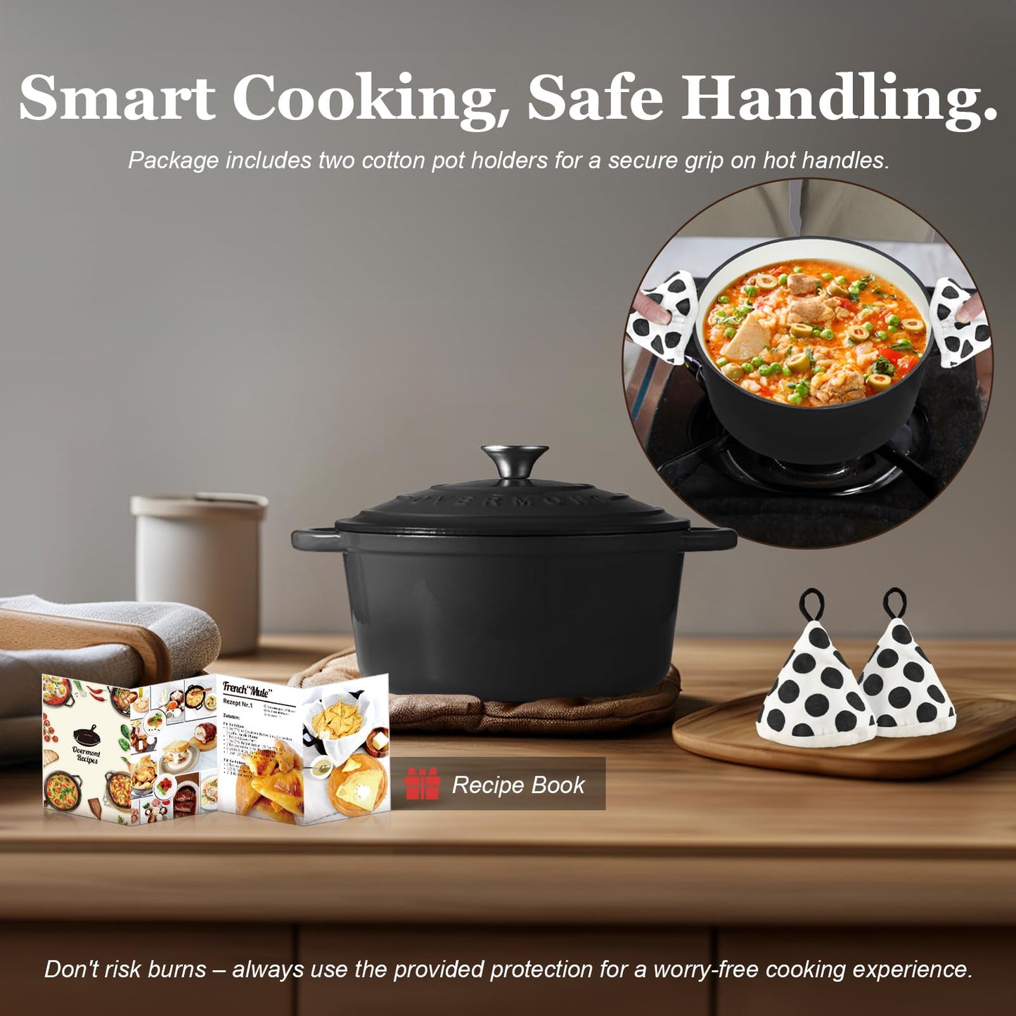 Overmont roasting pan enamel cast iron pot - casserole 28cm oven-safe - with lid and cookbook - for kitchen baking stewing roasting graphite gray - 28CM-Enamel-Graphite
